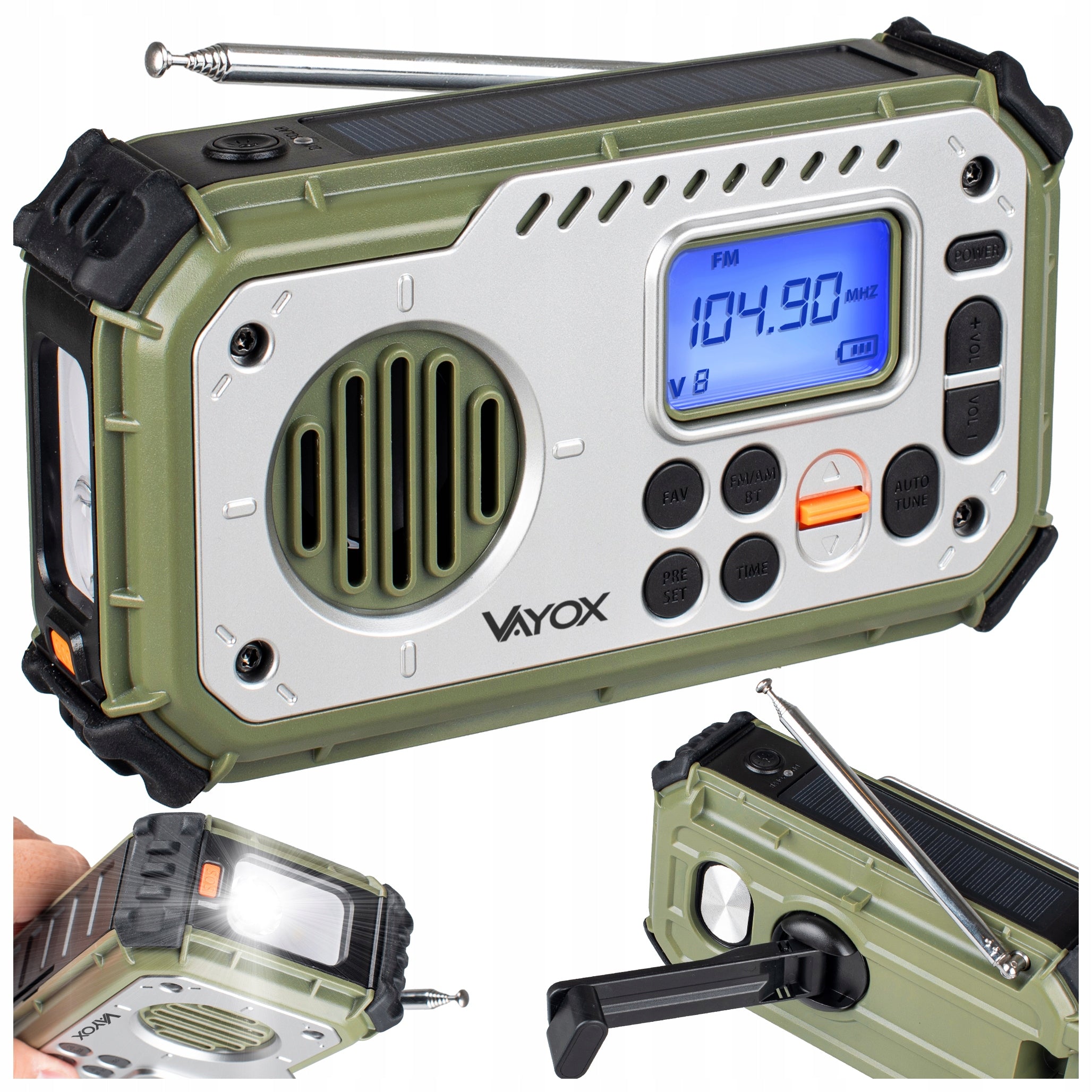RADIO FM PORTABLE BLUETOOTH SOLAR USB FOR CRANK DYNAMO FLASHLIGHT AKU VAYOX