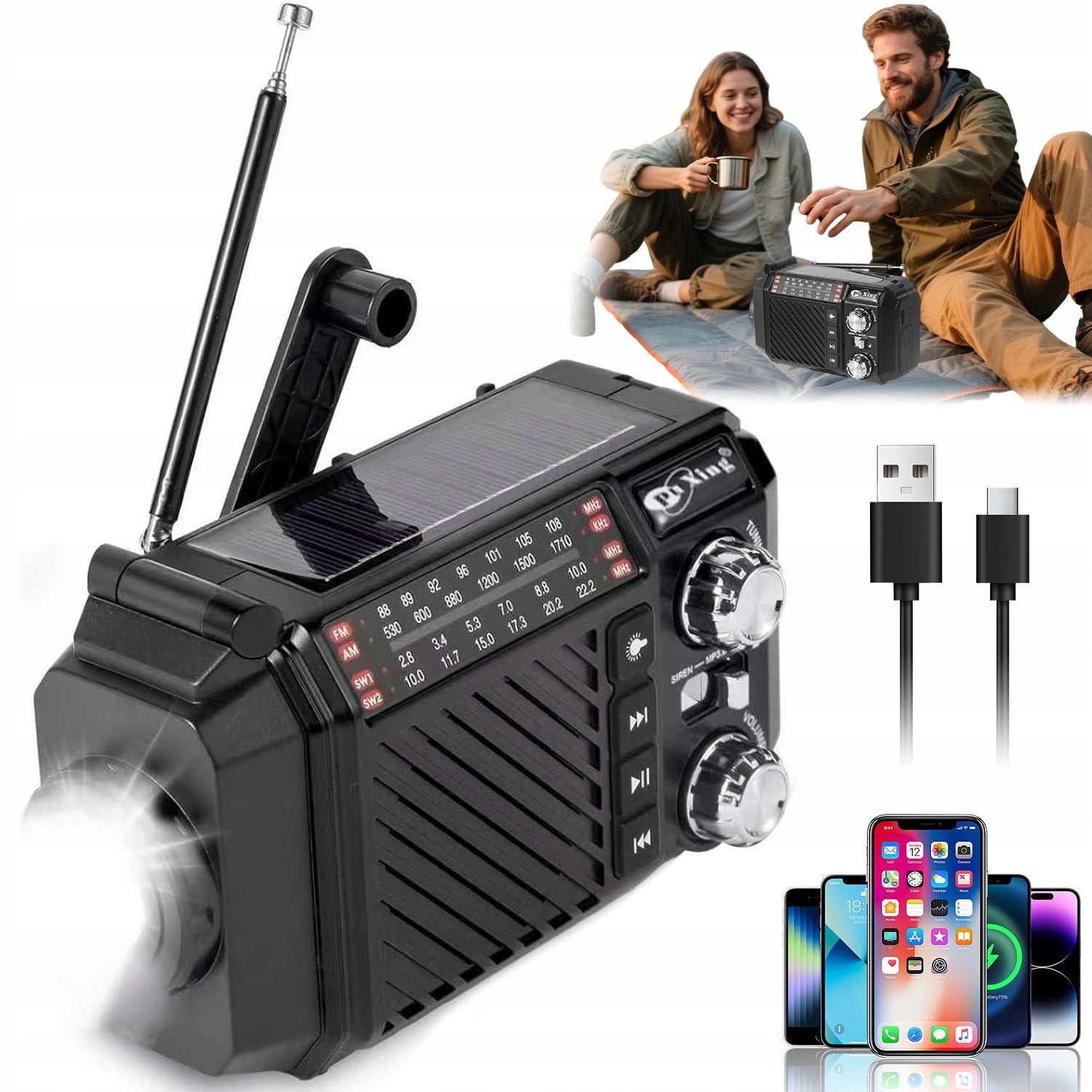 RADIO FOR SOLAR CRANK WITH FLASHLIGHT PORTABLE TOURIST AM/FM EMERGENCY