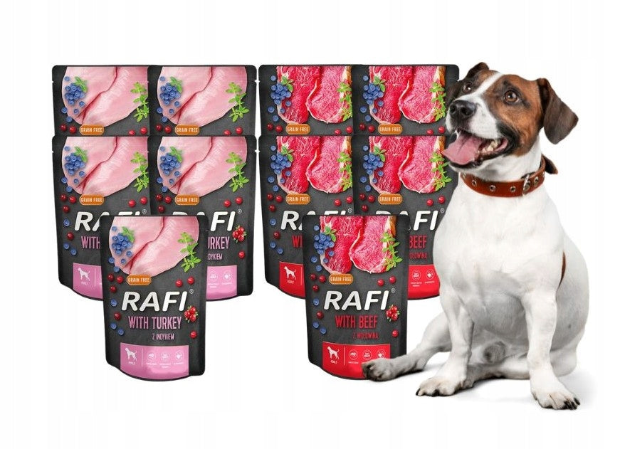 RAFI wet dog food MIX of flavors 10x300g beef turkey DOLINA NOTECI
