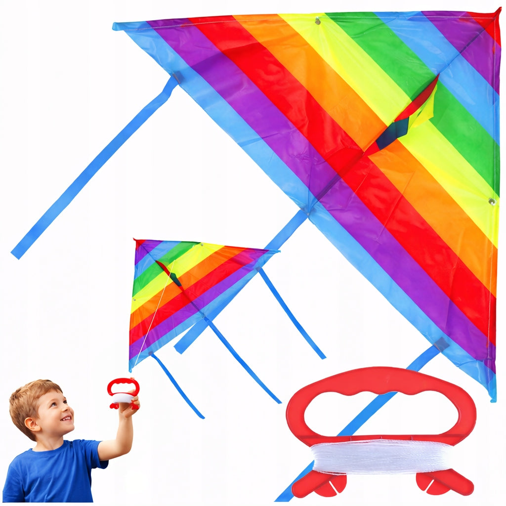 RAINBOW COLORFUL KITE FOR CHILDREN LARGE WITH STRING TOY