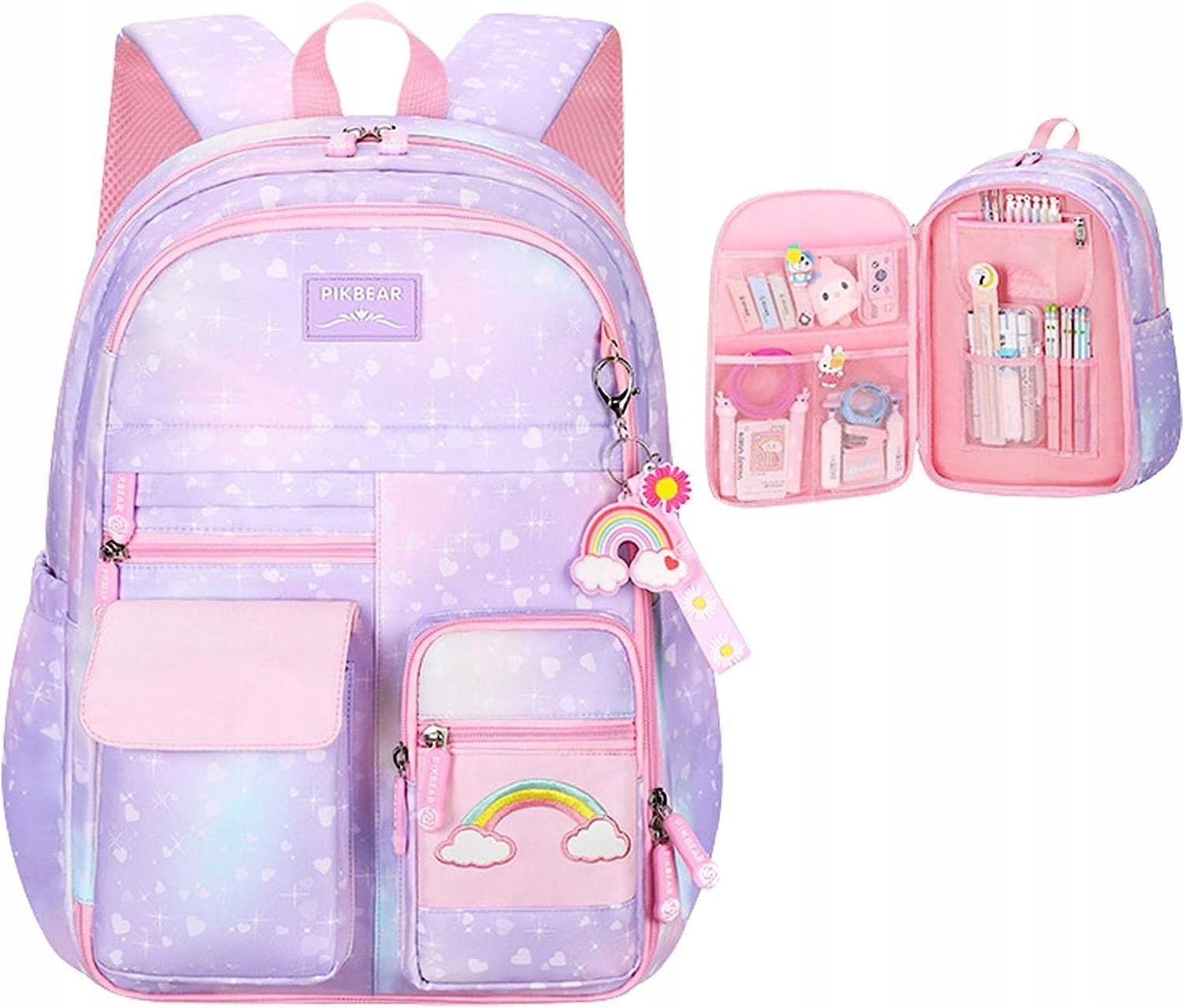RAINBOW SCHOOL BACKPACK SATCHEL A4 ORGANIZER + KEYCHAIN