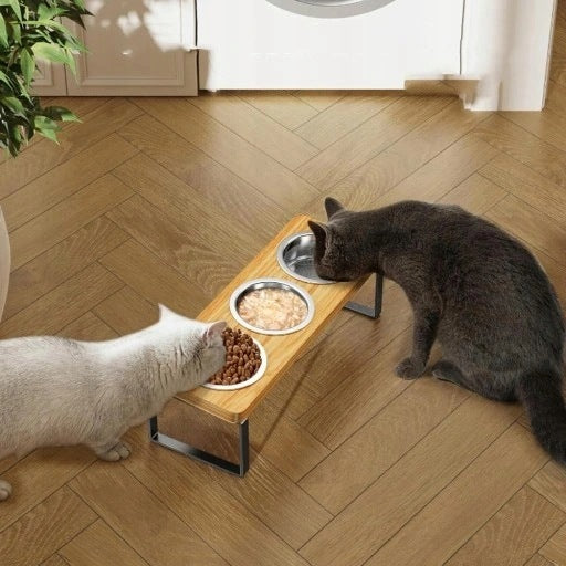 RAISED CAT BOWL + 3 STAINLESS STEEL BOWLS WOODEN STAND Packaging status original