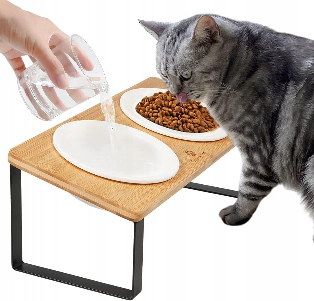 RAISED CAT BOWL CERAMIC BAMBOO 2IN1
