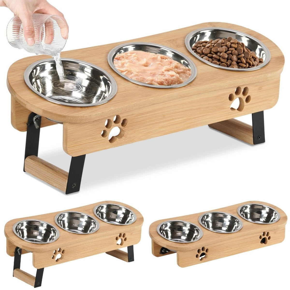 RAISED CAT BOWLS 3 PCS ADJUSTABLE BAMBOO STATION