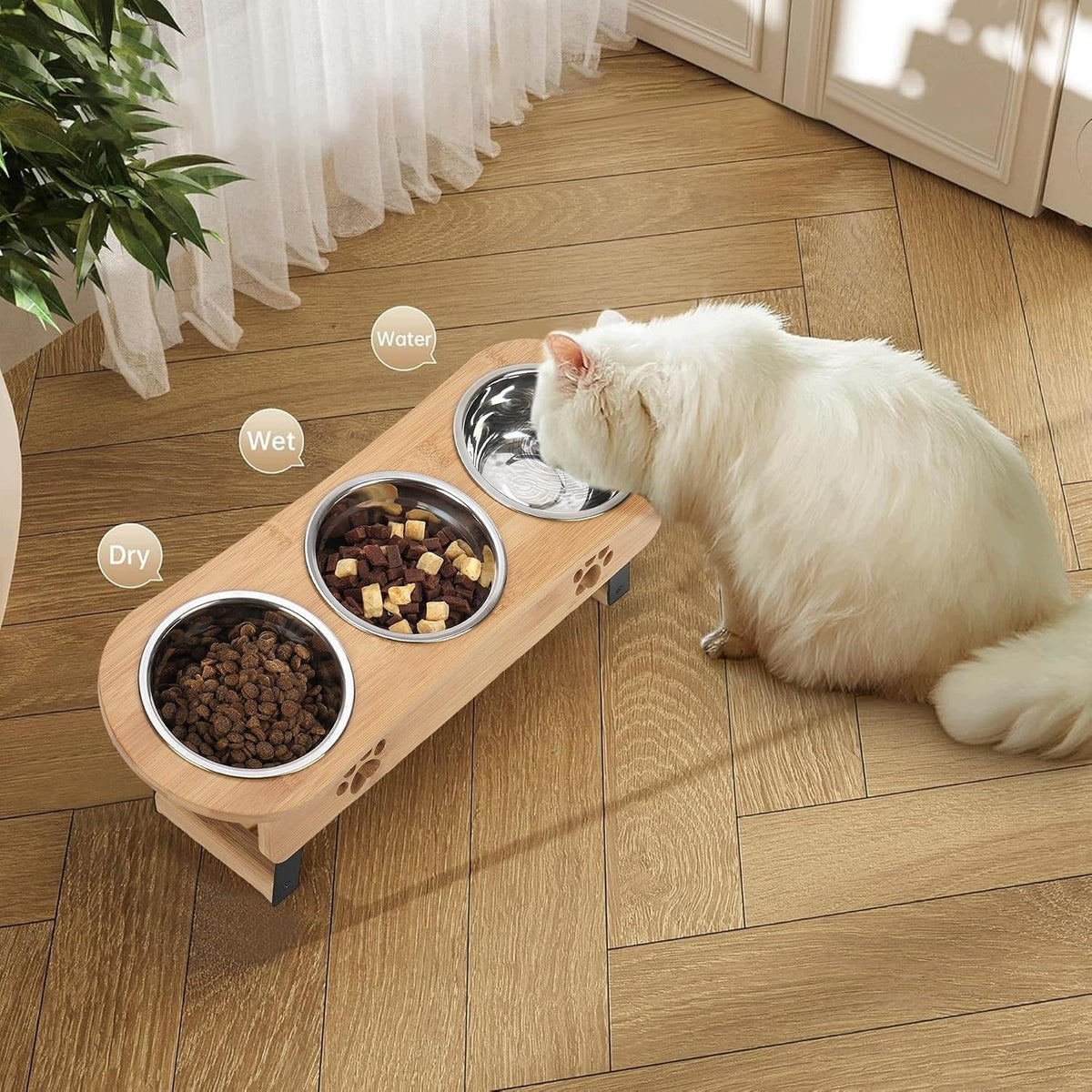 RAISED CAT FEEDING STATION 3 BOWLS STAINLESS STEEL ADJUSTABLE Kind automatic feeder