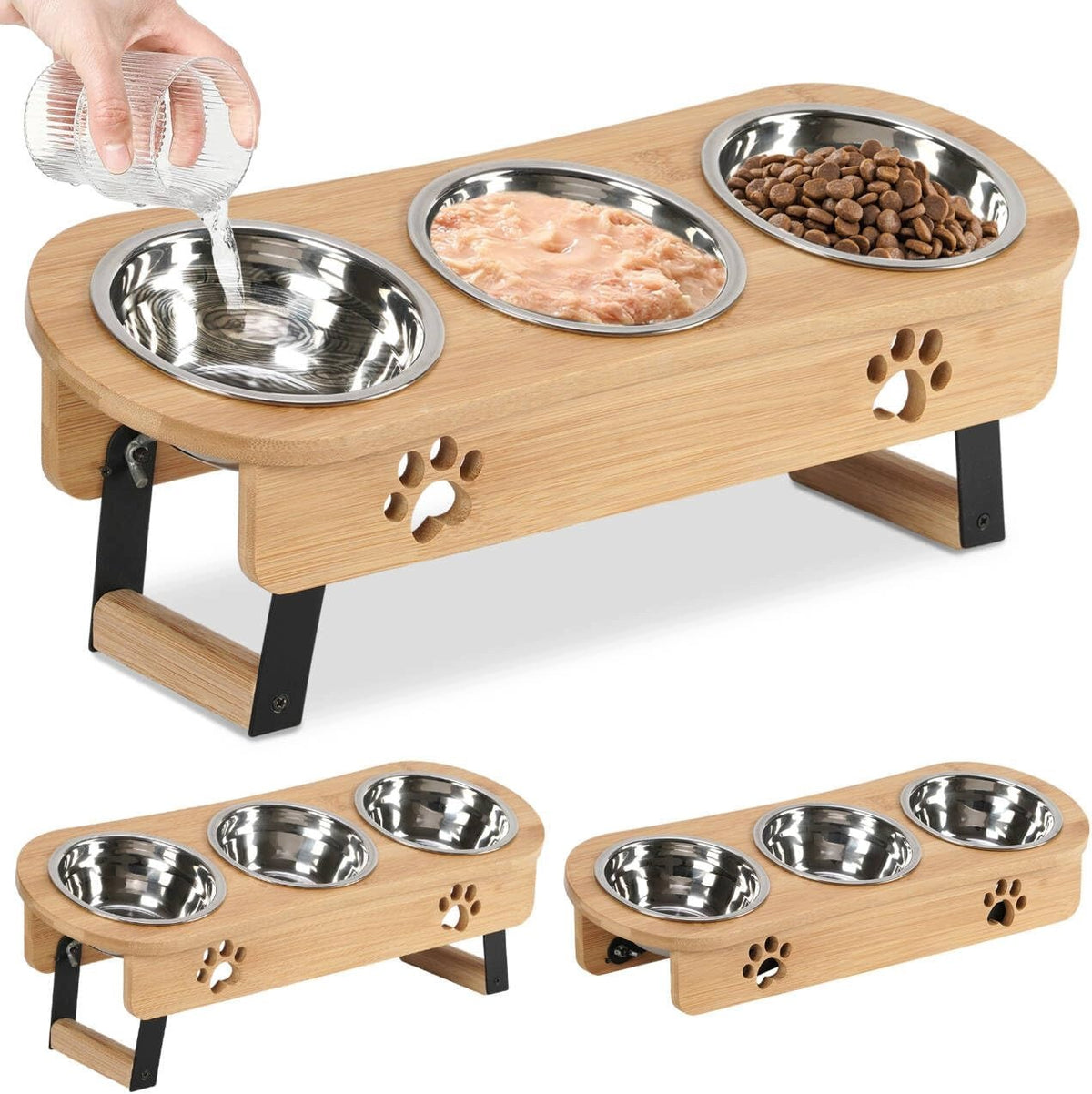 RAISED CAT FEEDING STATION 3 BOWLS STAINLESS STEEL ADJUSTABLE