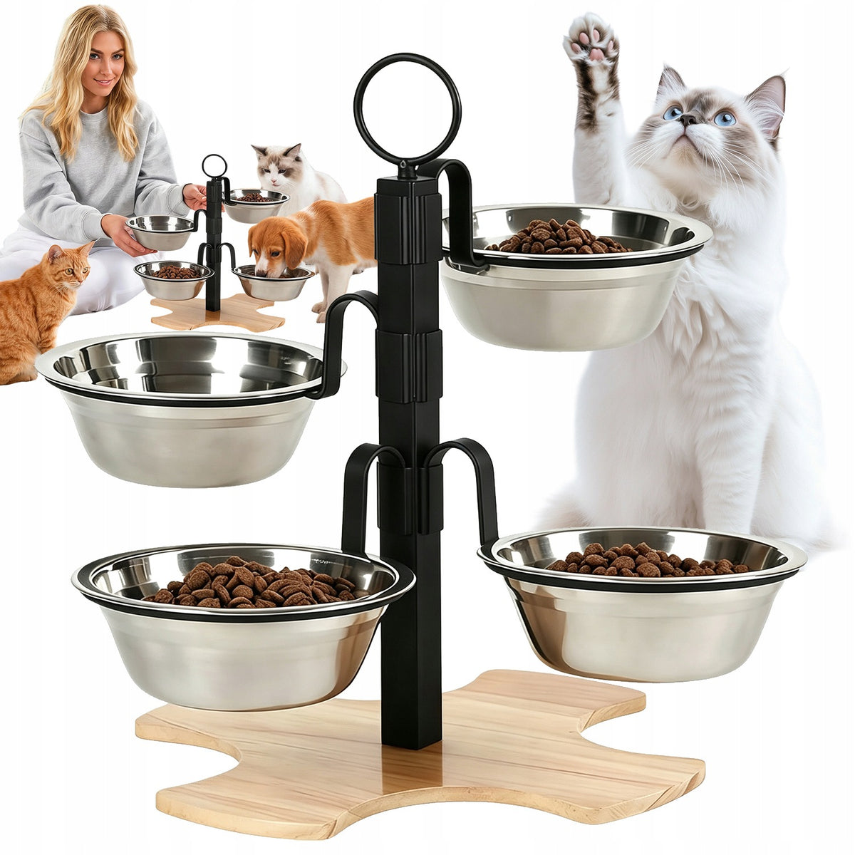 RAISED PET FEEDER WITH 4 STAINLESS STEEL BOWLS