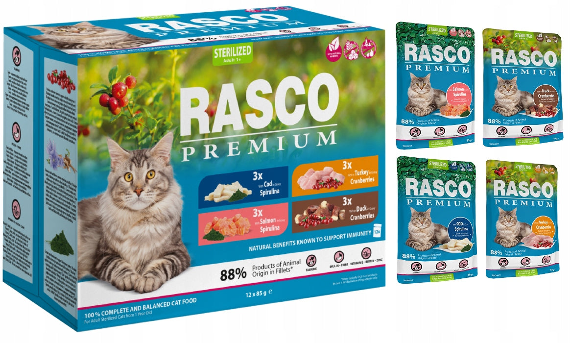 RASCO STERYLIZED 1+ SASZ. SALMON,COD,DUCK 12X85G Manufacturer code 1703-13398