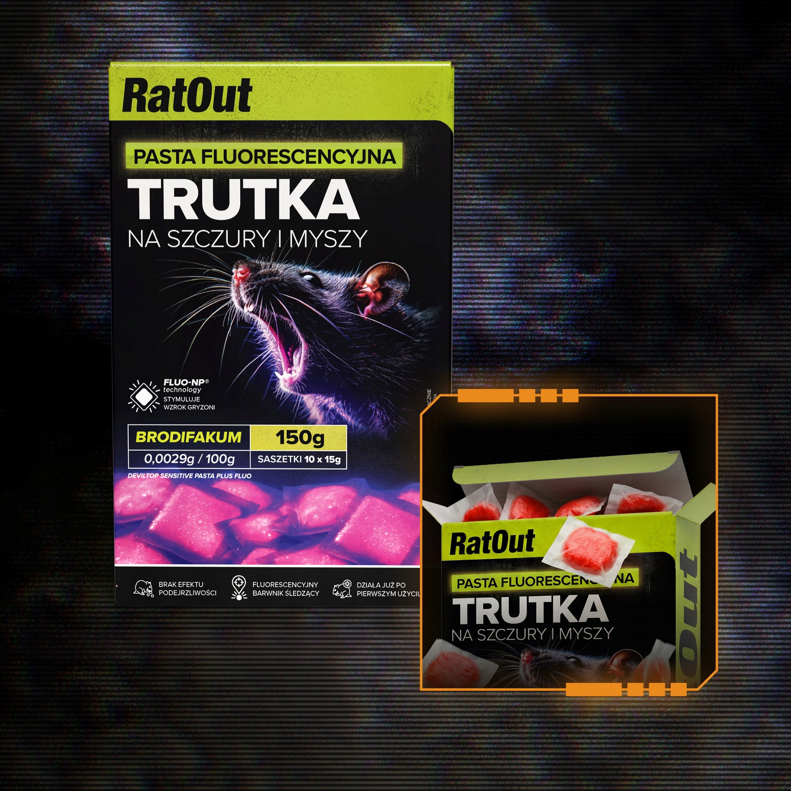 RAT POISON MICE RATOUT FLUORESCENT GLOWING UV BRODIFACOUM 150G Manufacturer code ŚRODEK GRYZONIOBÓJCZY NA MYSZY SZCZURY PASTA