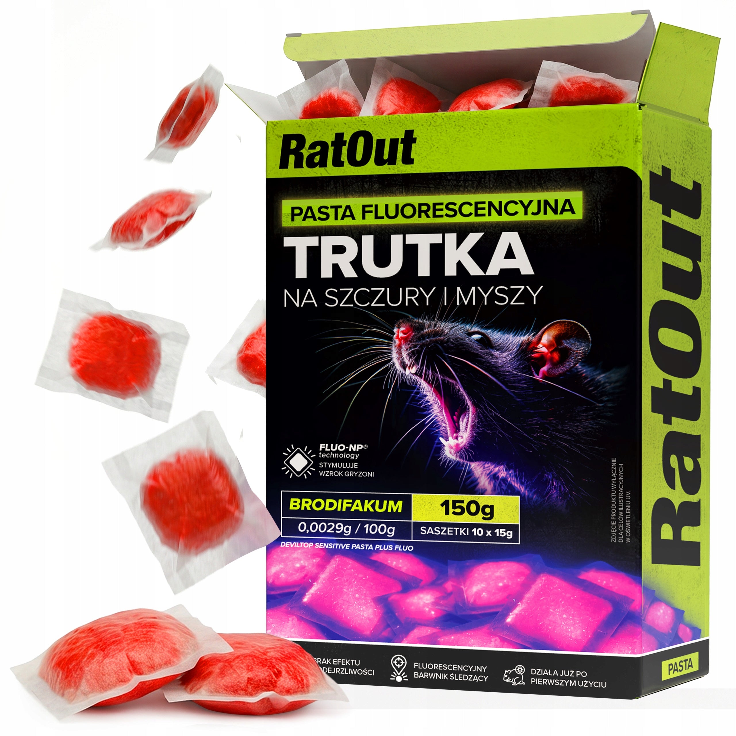 RAT POISON MICE RATOUT FLUORESCENT GLOWING UV BRODIFACOUM 150G