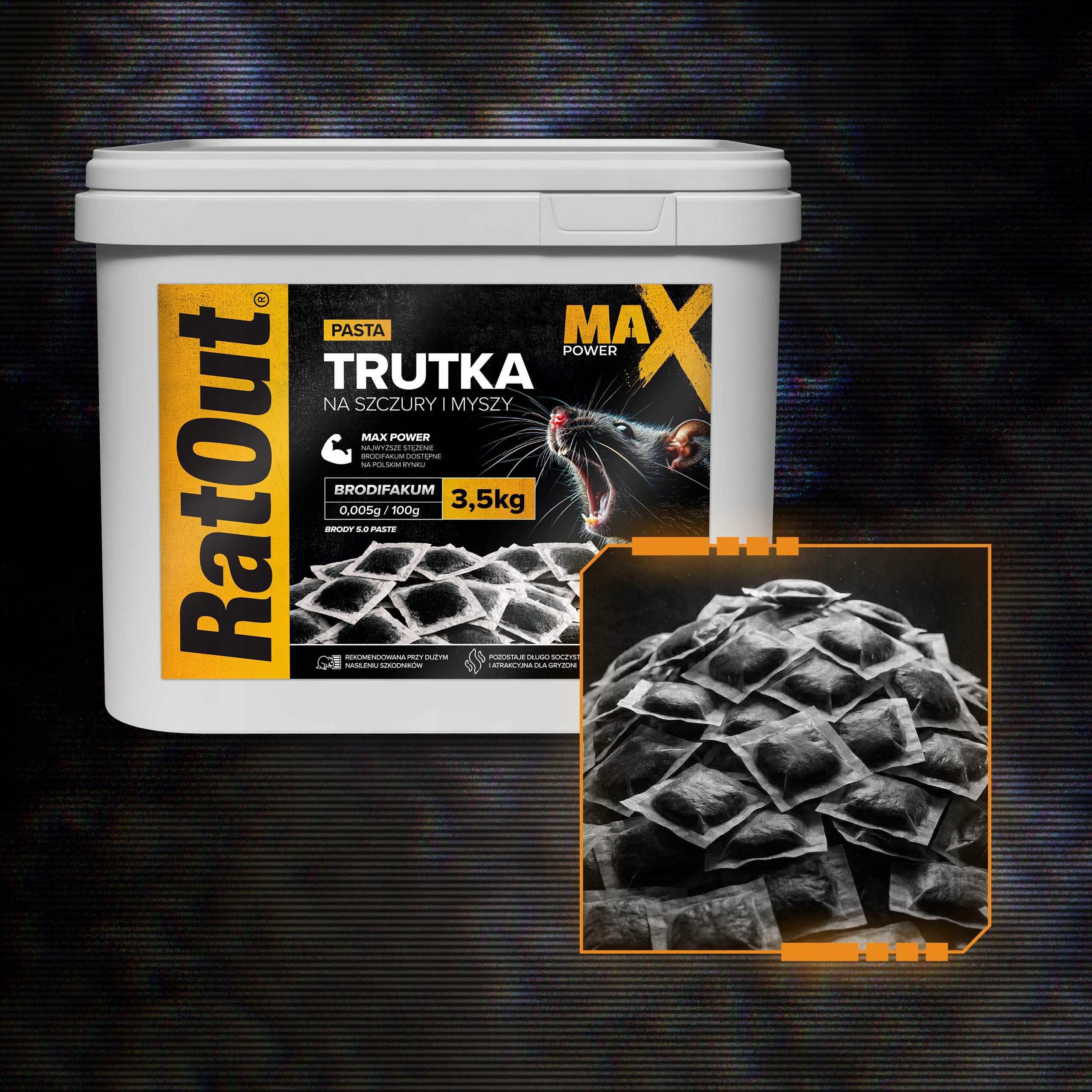 RAT POISON MICE RODENTS RATOUT MAX POWER BRODIFACOUM PASTE 3,5KG Manufacturer code ŚRODEK GRYZONIOBÓJCZY TRUCIZNA CZARNA 3500G