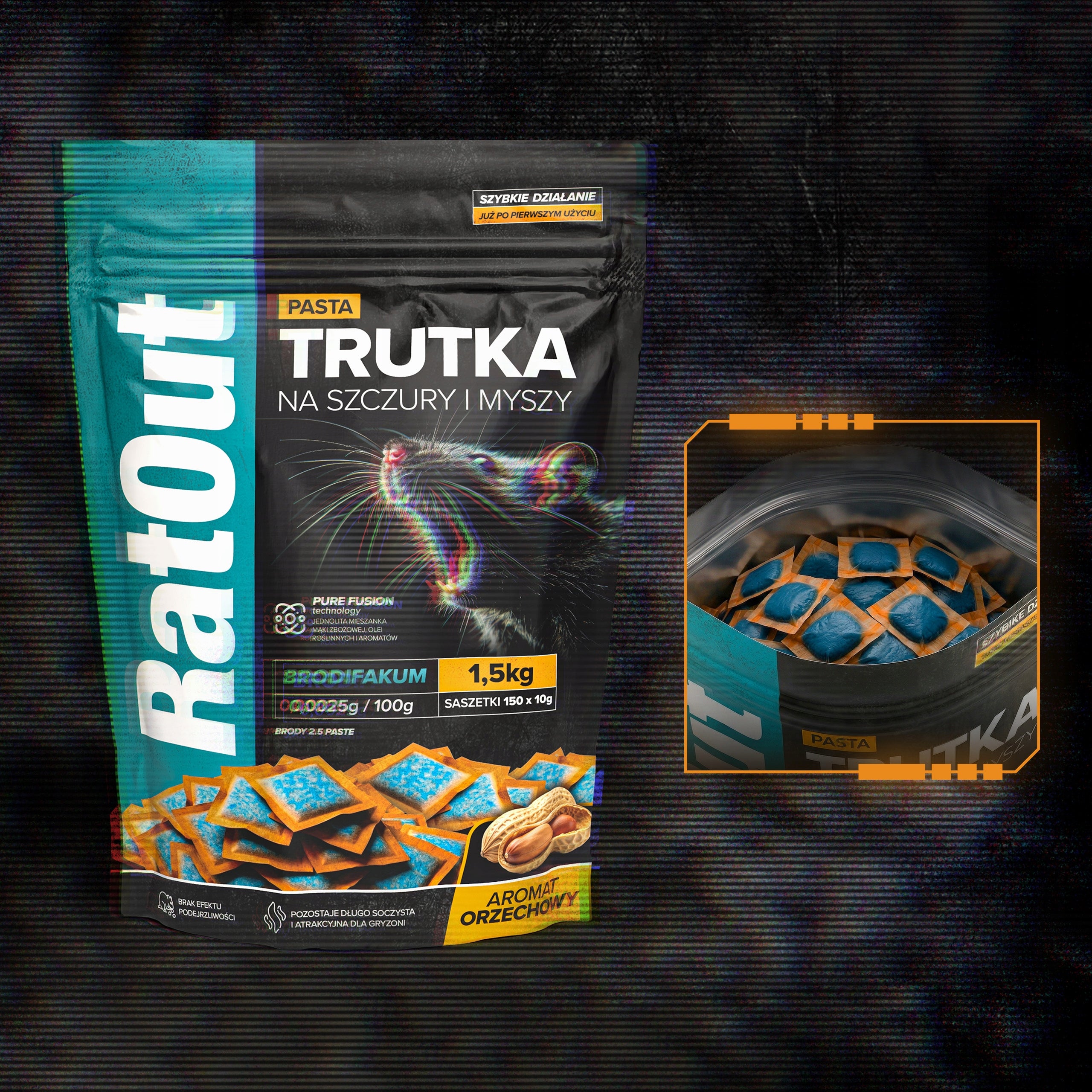 RAT POISON MICE RODENTS RATOUT NUTTY BRODIFACOUM PASTE 1,5KG Manufacturer code ŚRODEK GRYZONIOBÓJCZY TRUCIZNA 1500G