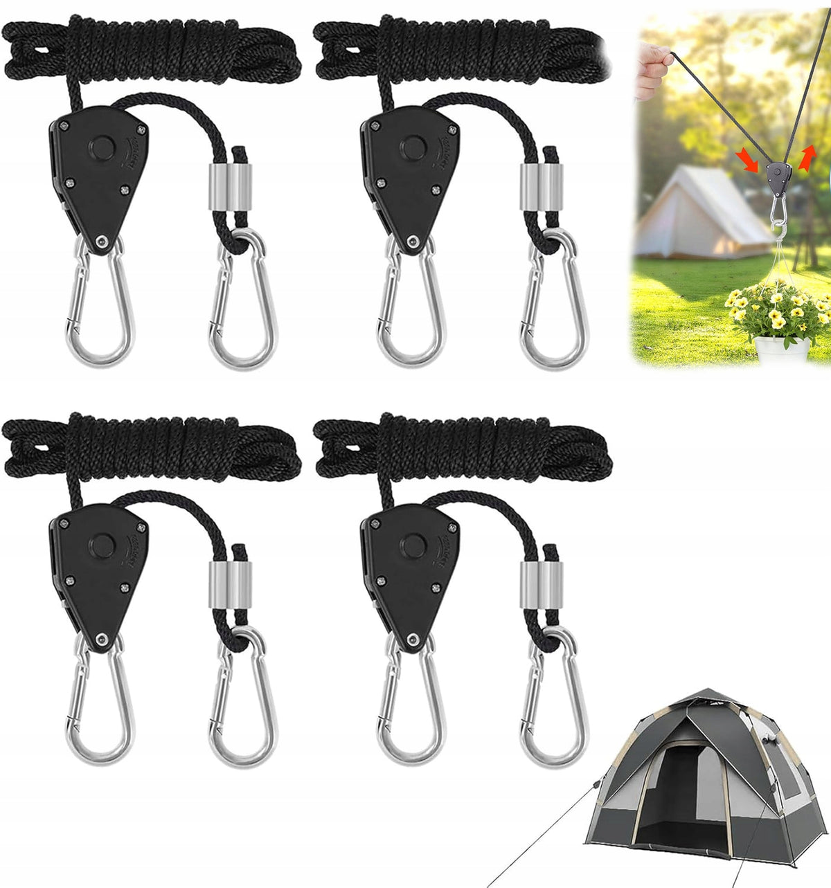 RATCHET ROPE ADJUSTABLE ROPE PLANT HOOK RATCHET ROPE 4PCS 2m