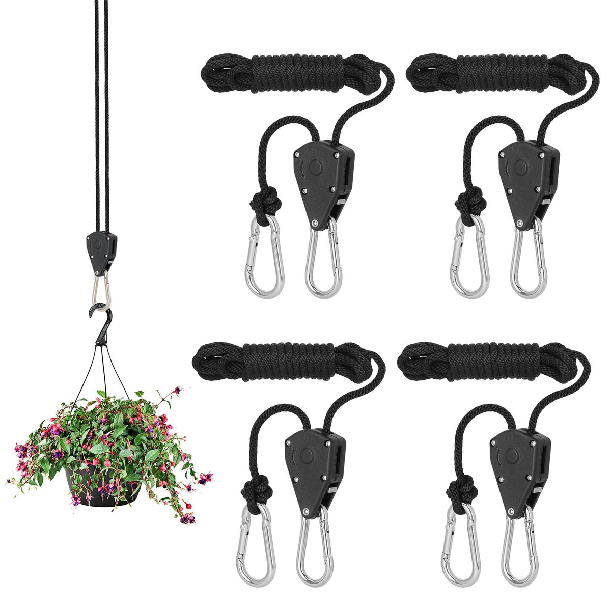RATCHET TENSION CORD 2M BLACK CARABINERS SET OF 4