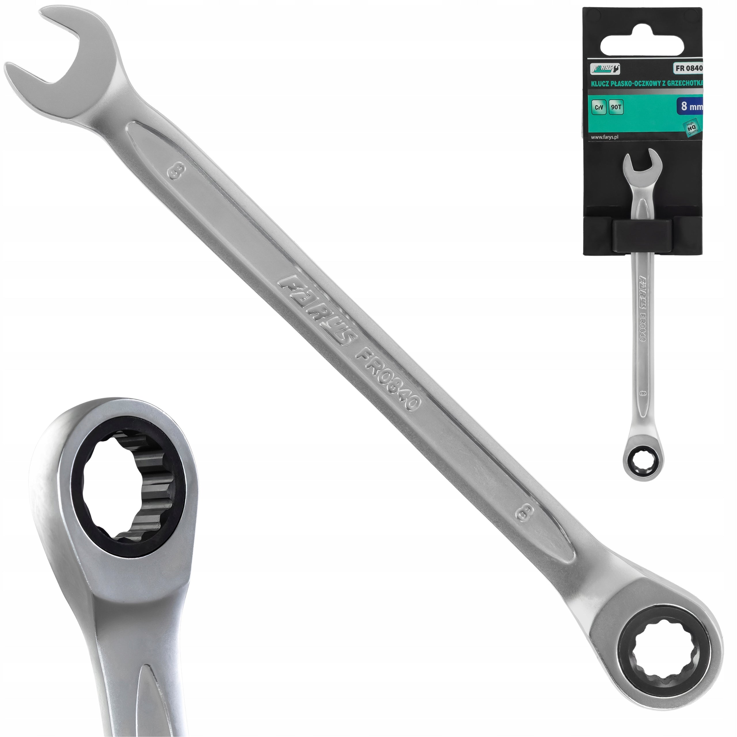 RATCHETING WRENCH 8MM 90 TEETH CRV CHROME WORKSHOP FARYS