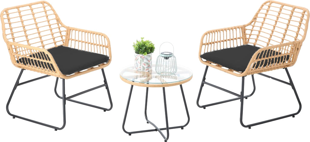 RATTAN GARDEN FURNITURE SET 2 CHAIRS TABLE STEEL GLASS CUSHION