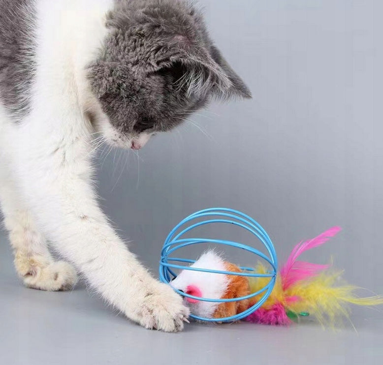 RATTLE MOUSE WITH FEATHERS IN BALL CAGE INTERACTIVE CAT TOY EAN (GTIN) 0046214556940