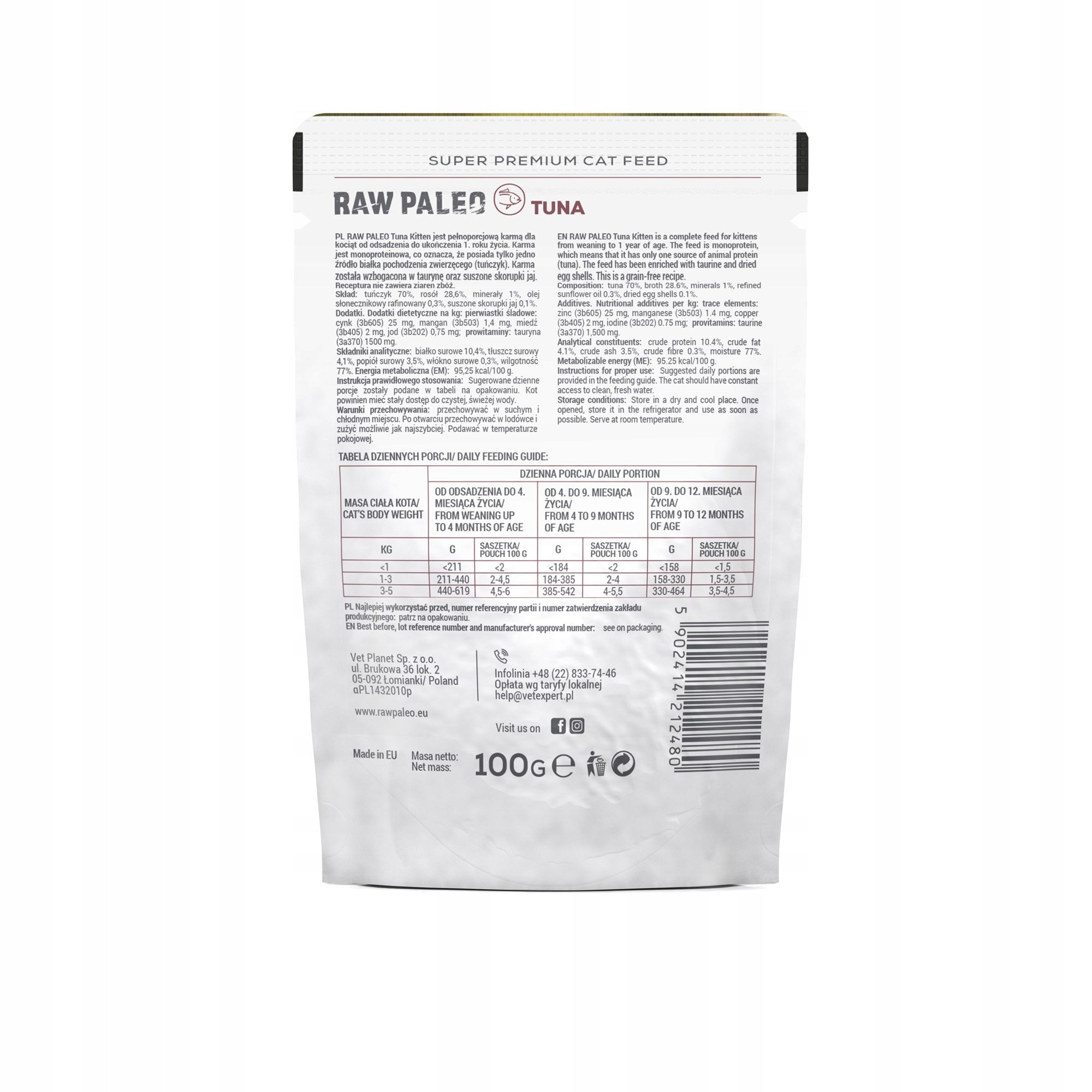 RAW PALEO KITTEN CAT TUNA 100g - wet food for kittens - tuna EAN (GTIN) 5902414212480