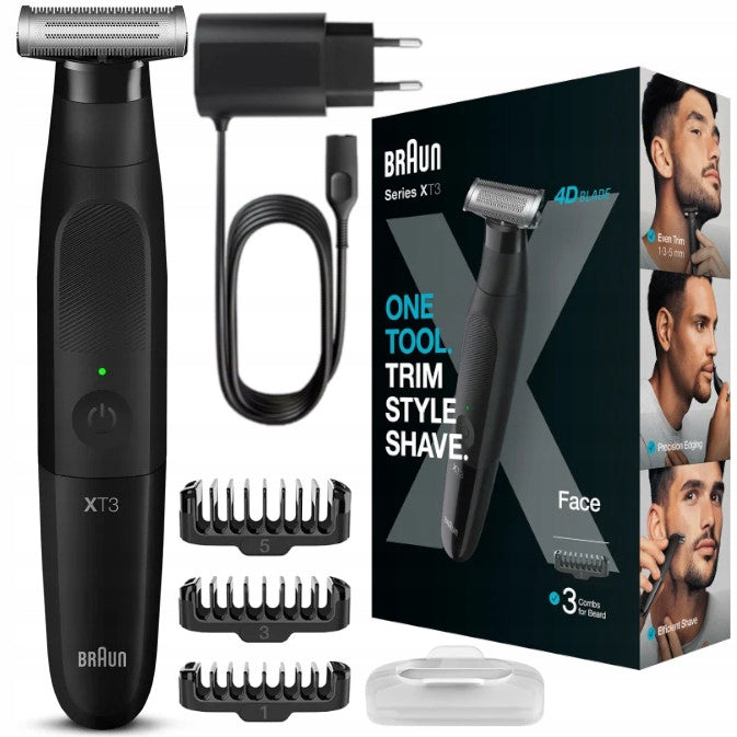 RAZOR TRIMMER MEN'S BEARD BODY SHAVER BRAUN XT3-100 WET-DRY 3CAPS