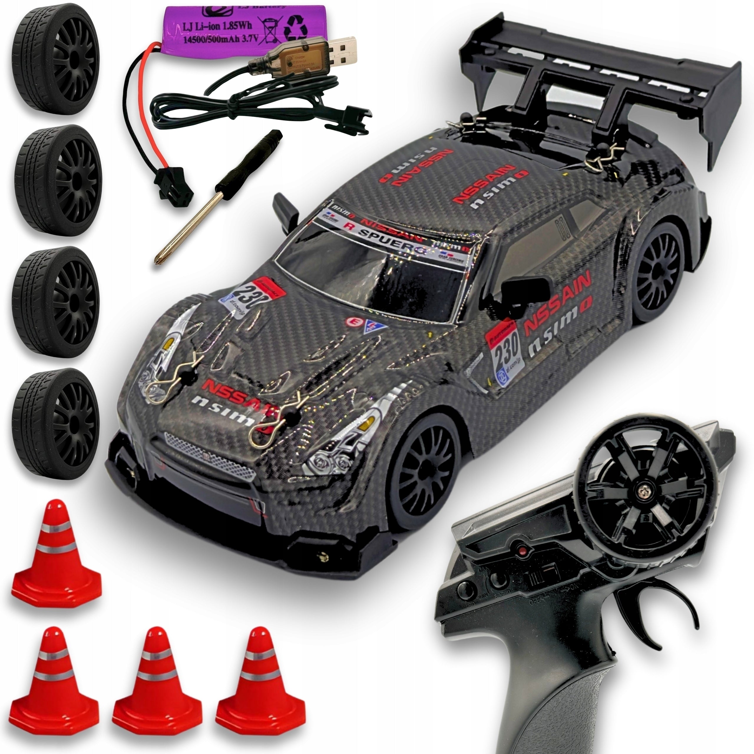 RC Car Drift 1:24 GTR 4x4 Black Remote Controlled 20km/h Set