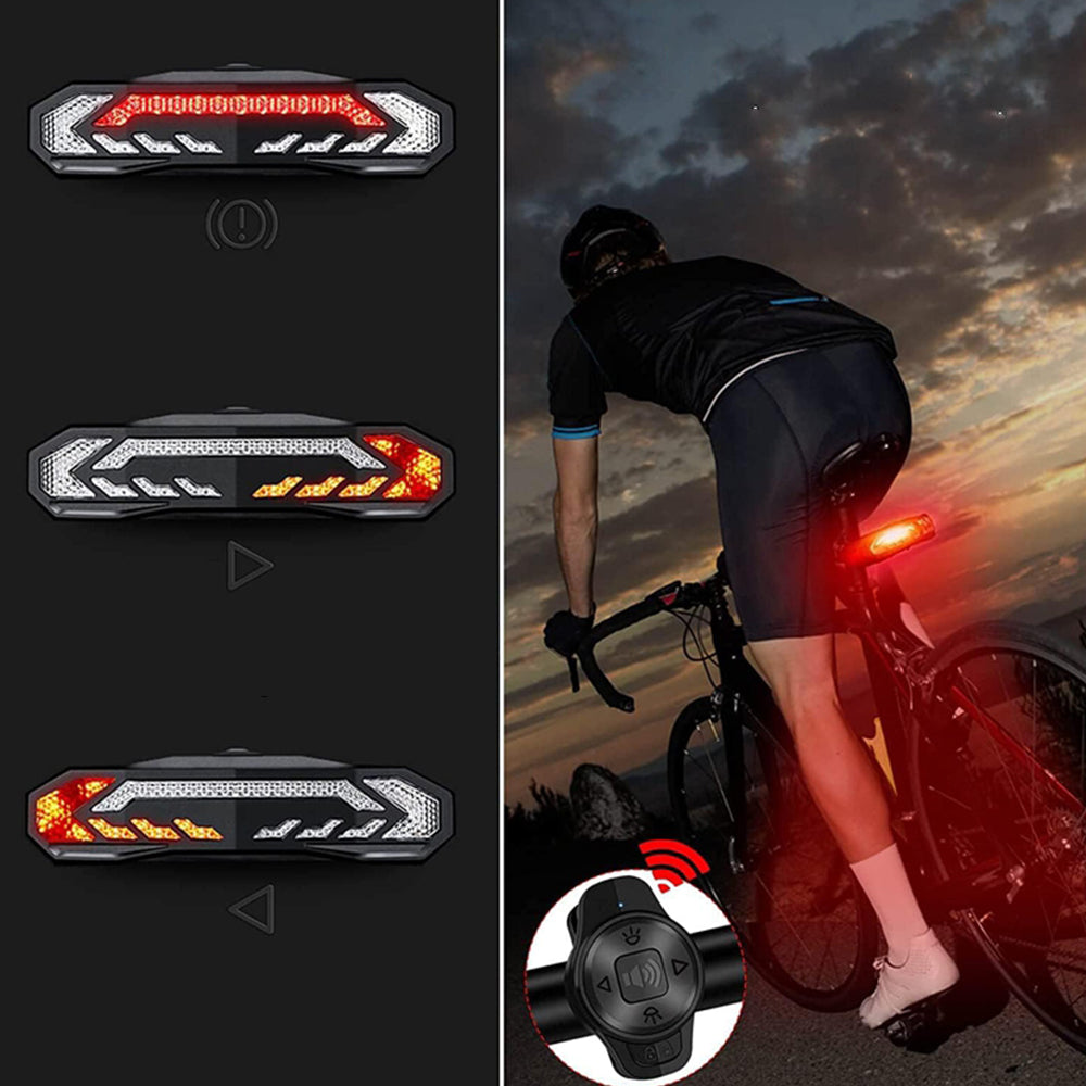 REAR BICYCLE LED LIGHT FOR BICYCLE TURN SIGNALS ALARM HORN + REMOTE CONTROL Kind rear-facing