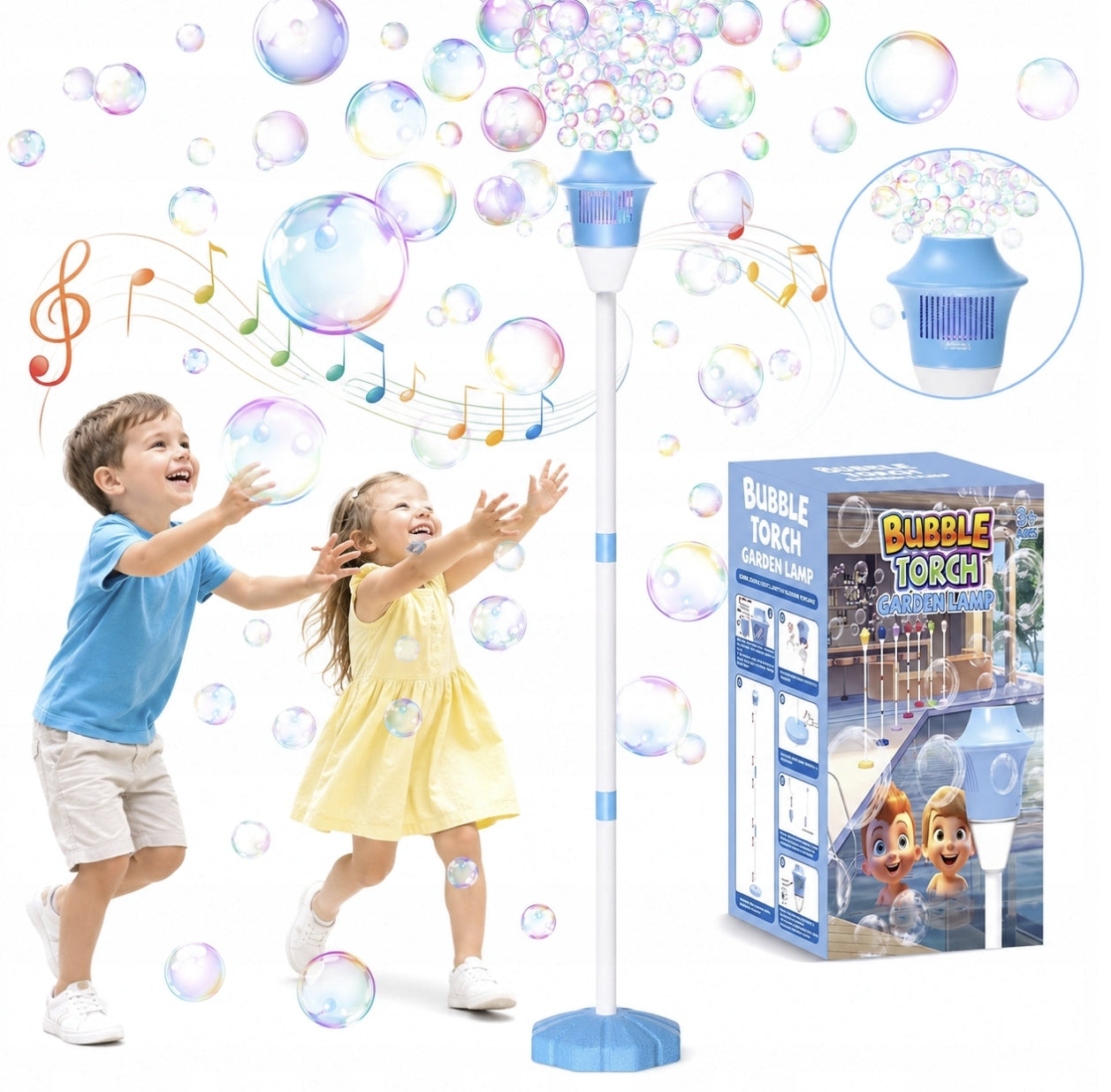 RECHARGEABLE AND AUTOMATIC SOAP BUBBLE MACHINE WITH LIGHTS AND MUSIC