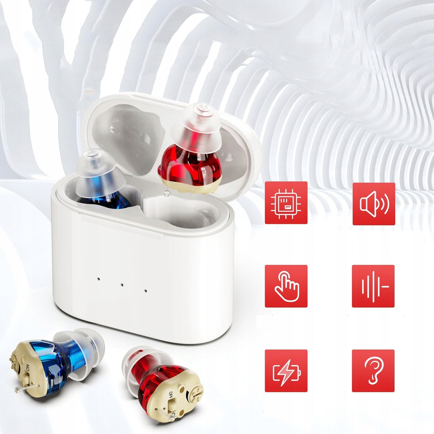 RECHARGEABLE AUDIO AMPLIFIER, WITH PORTABLE CHARGING CASE Packaging status original
