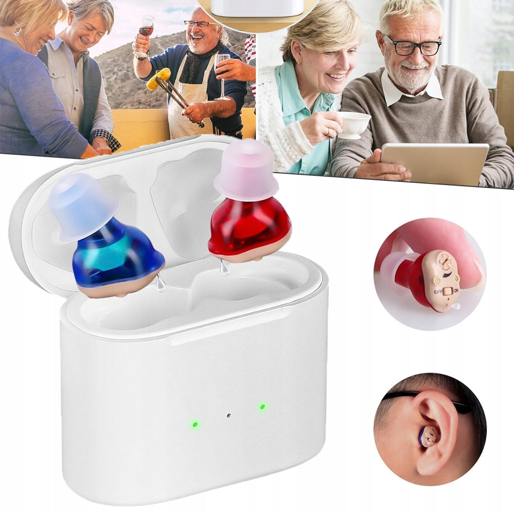 RECHARGEABLE AUDIO AMPLIFIER, WITH PORTABLE CHARGING CASE