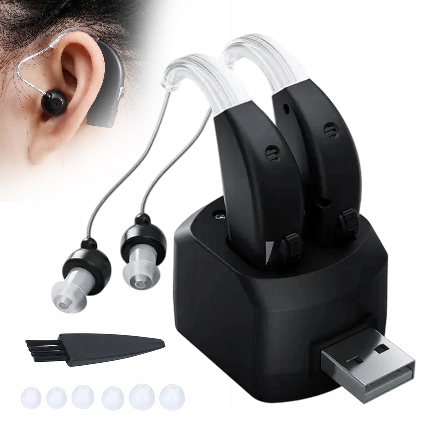 RECHARGEABLE HEARING AID CHARGING CASE 18H WORKING 12 TIPS BLACK