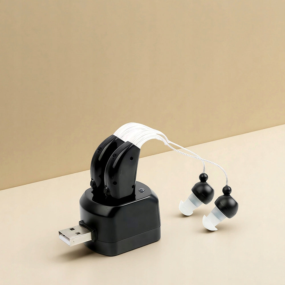 RECHARGEABLE HEARING AIDS WITH 12 EAR TIPS AND CHARGING STATION Packaging status original