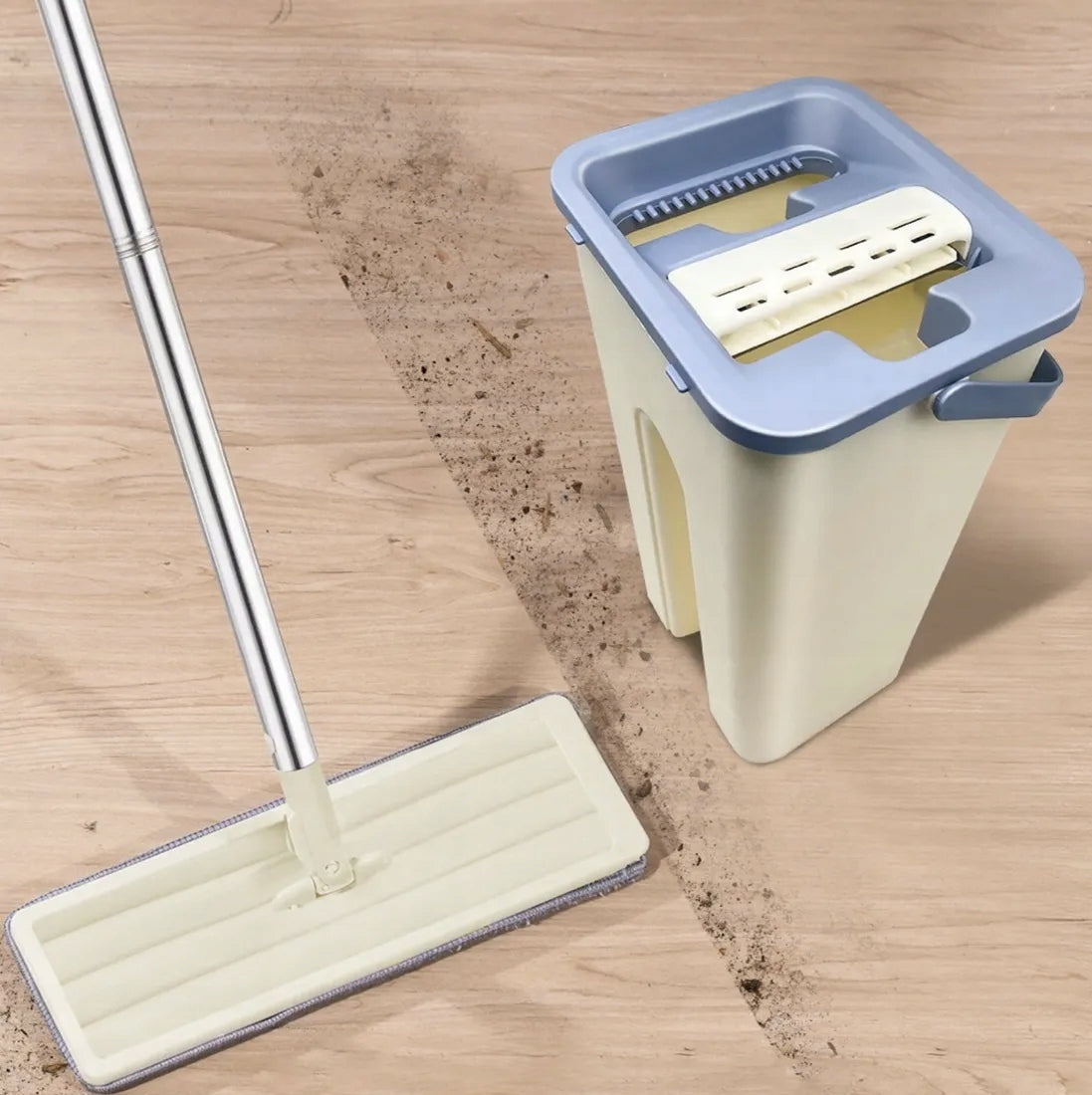 RECTANGULAR FLAT MOP WITH BUCKET two-chamber with squeezer + cartridges Color beige