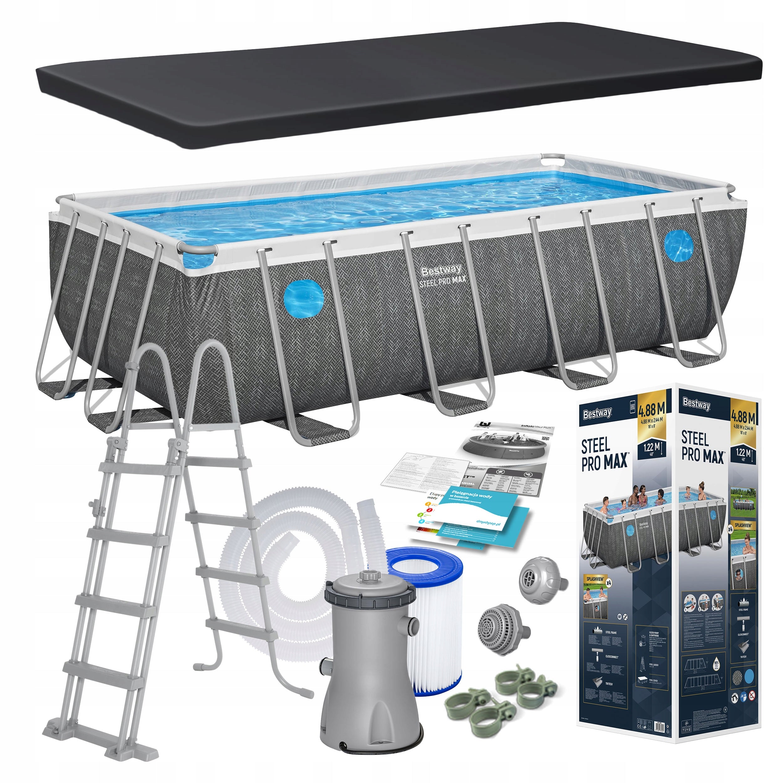 RECTANGULAR GARDEN FRAME POOL 488x244x122 BESTWAY SET 10in1