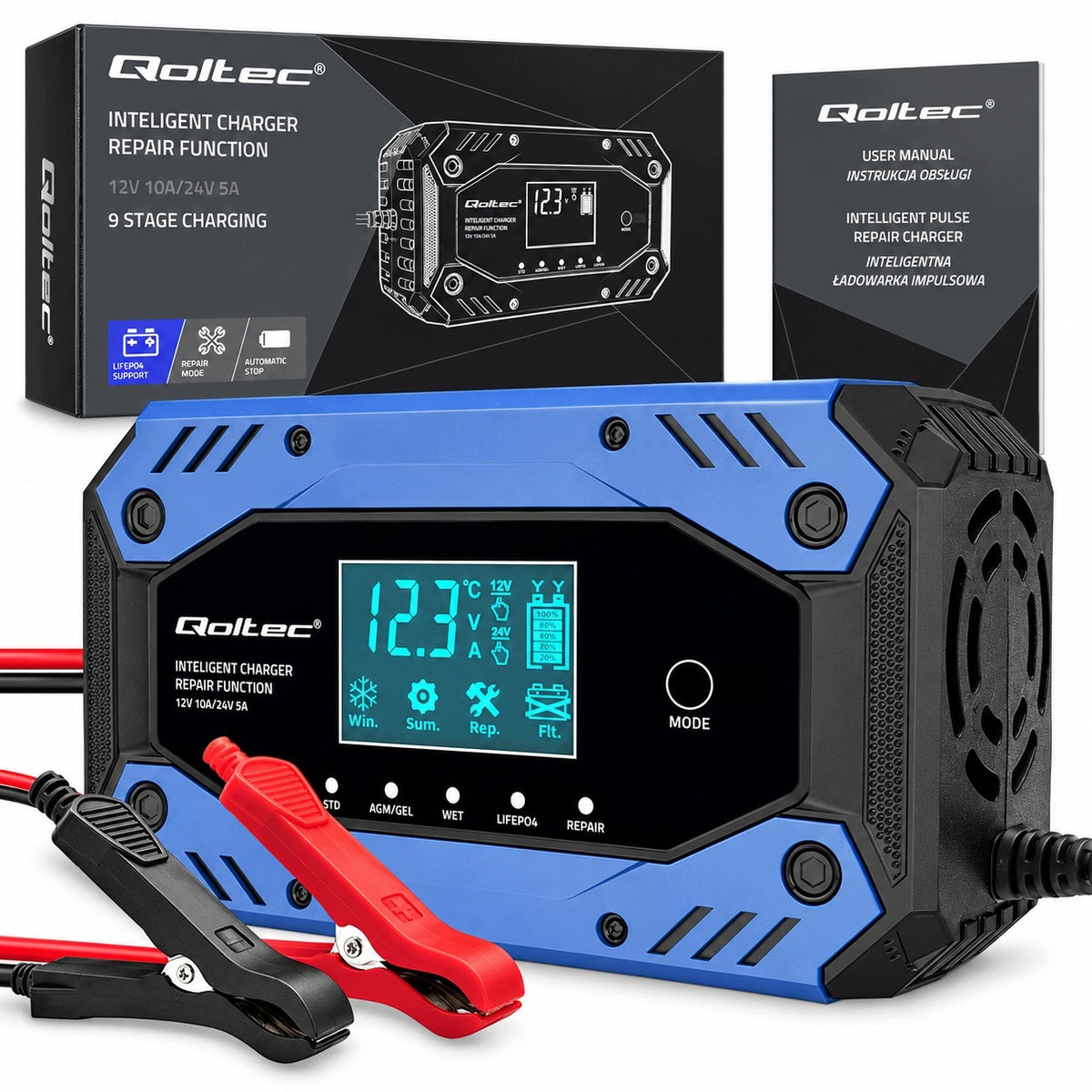 RECTIFIER AUTOMATIC CAR CHARGER LCD Qoltec 10A 12/24V LCD