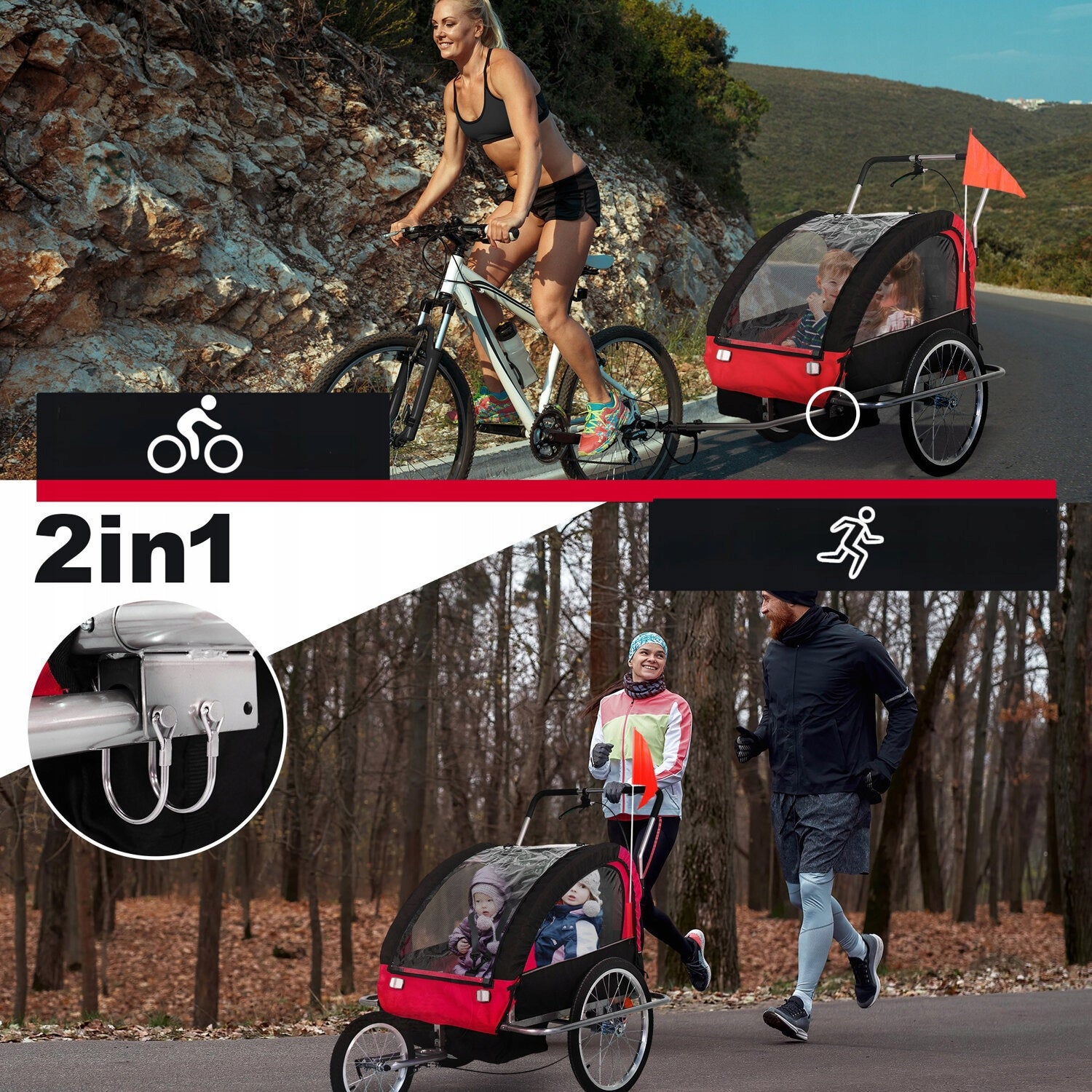 RED BICYCLE TRAILER / JOGGER 2in1 FOLDING BICYCLE TRAILER Color red