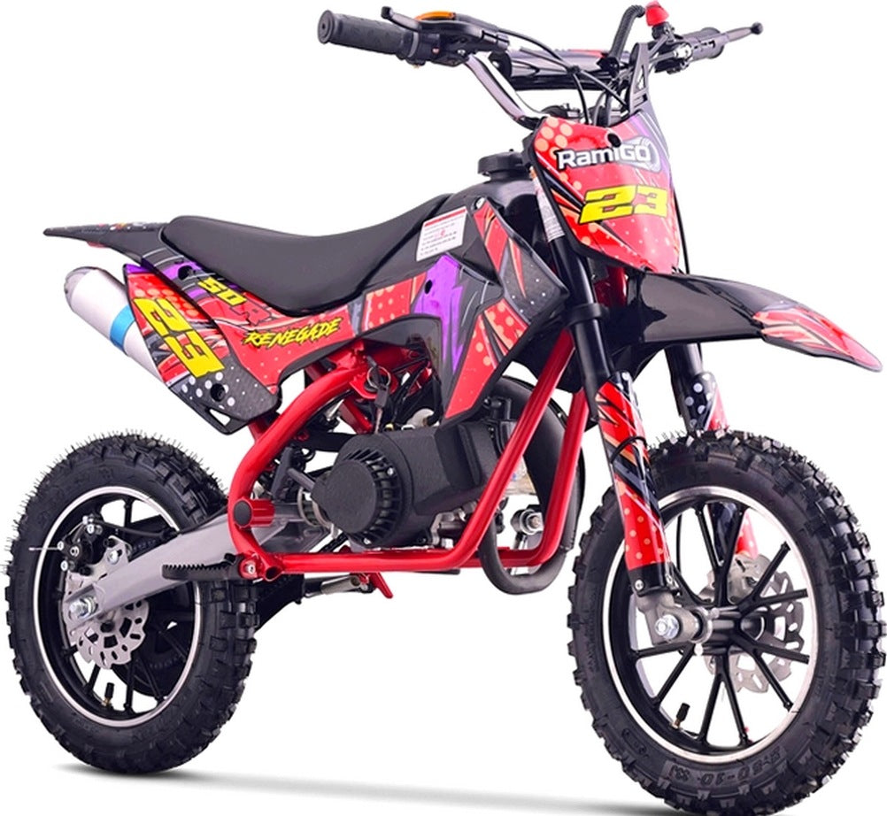 RED MOTOR FOR CHILDREN WITH INTERNAL COMBUSTION ENGINE ON PUMPED WHEELS