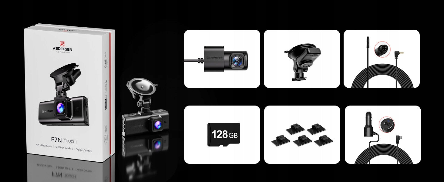 REDTIGER 4K Car Camera Front Rear Touch Screen GPS WiFi 64GB Brand Redtiger
