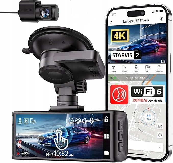 REDTIGER 4K Car Camera Front Rear Touch Screen GPS WiFi 64GB