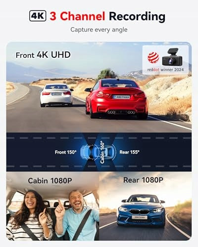 REDTIGER Car Camera 4K 3-Channel GPS WiFi 64GB IR Night Mode Packaging status original