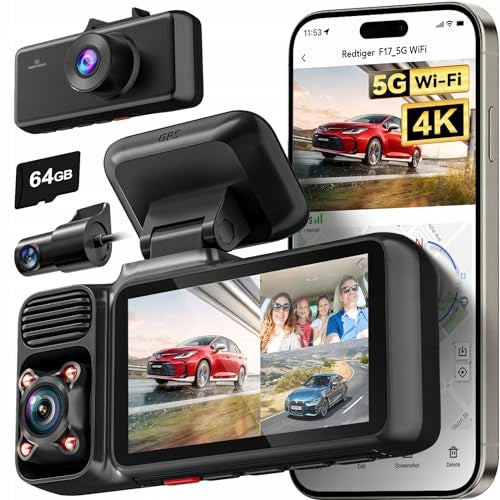 REDTIGER Car Camera 4K 3-Channel GPS WiFi 64GB IR Night Mode