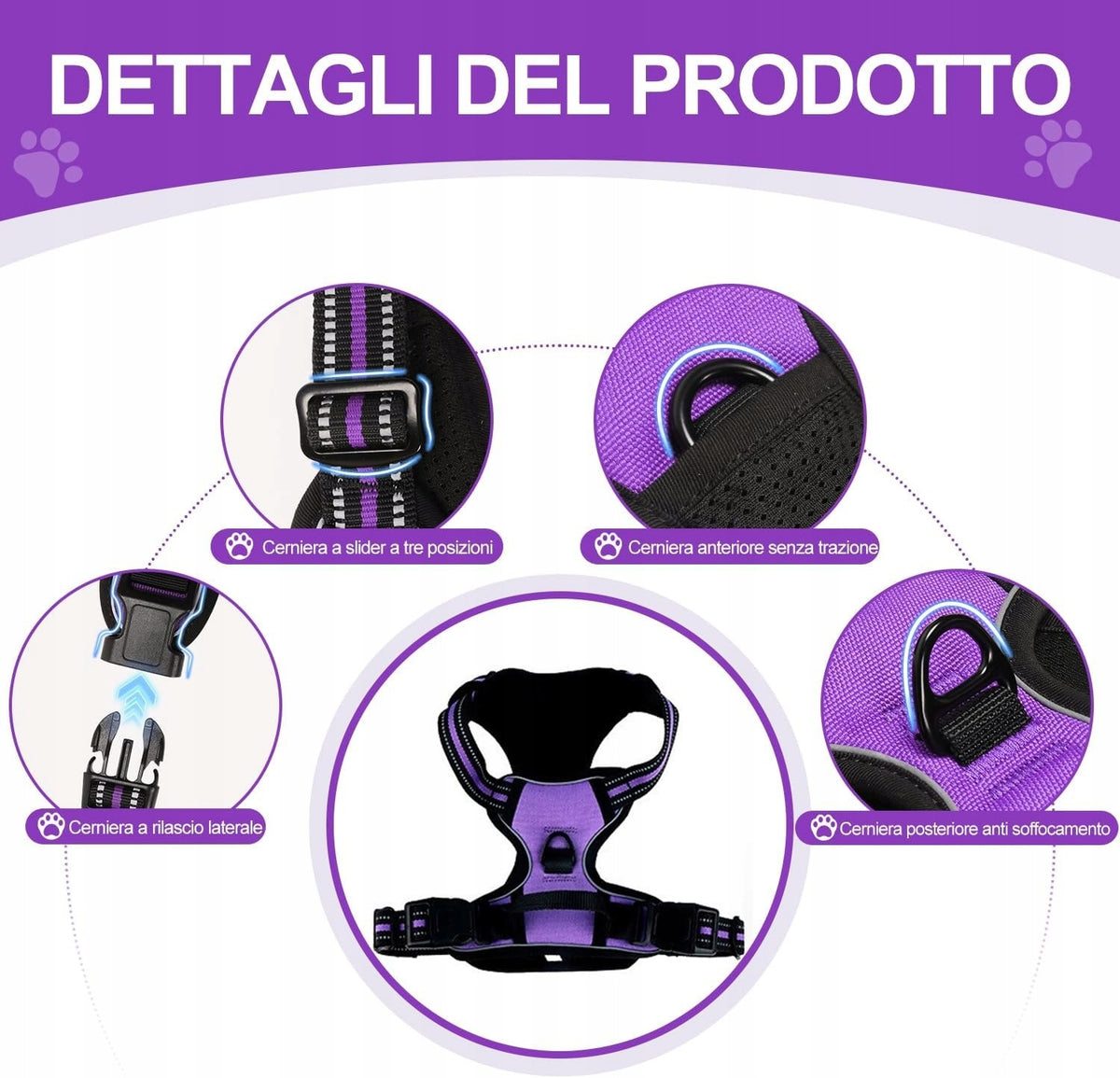 REFLECTIVE DOG HARNESS PURPLE S M L ADJUSTABLE FOR WALKING Manufacturer code 0038613123595
