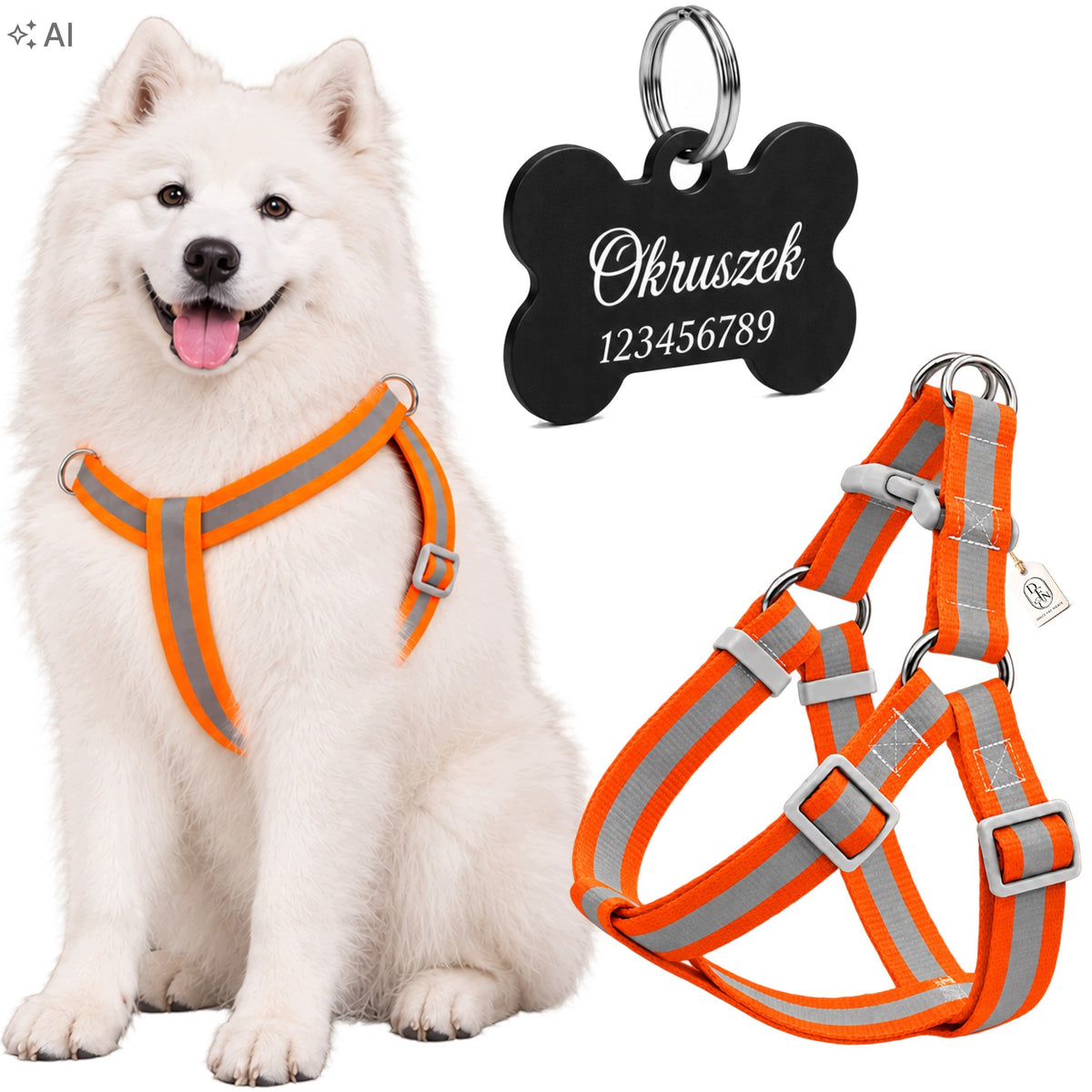 REFLECTIVE HARNESS FOR BIG DOG PERSONALIZATION ADDRESS CARD ENGRAVING POMARAŃĆZ
