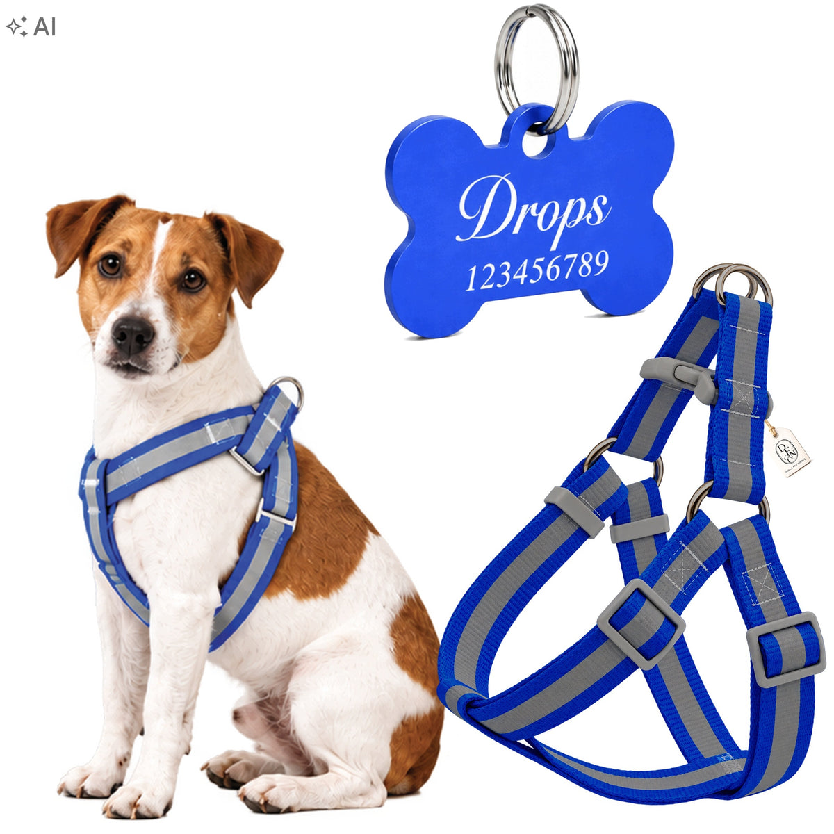 REFLECTIVE HARNESS FOR SMALL DOG PERSONALIZATION ADDRESS CARD ENGRAVING BLUE