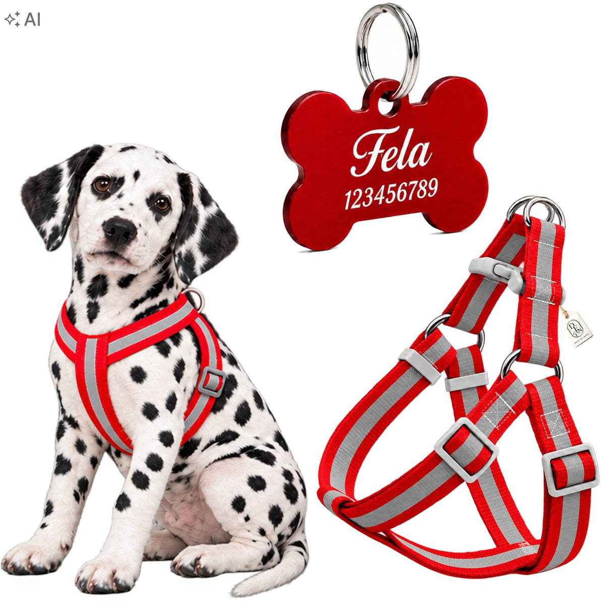 REFLECTIVE HARNESS FOR SMALL DOG PERSONALIZATION ADDRESS CARD ENGRAVING RED