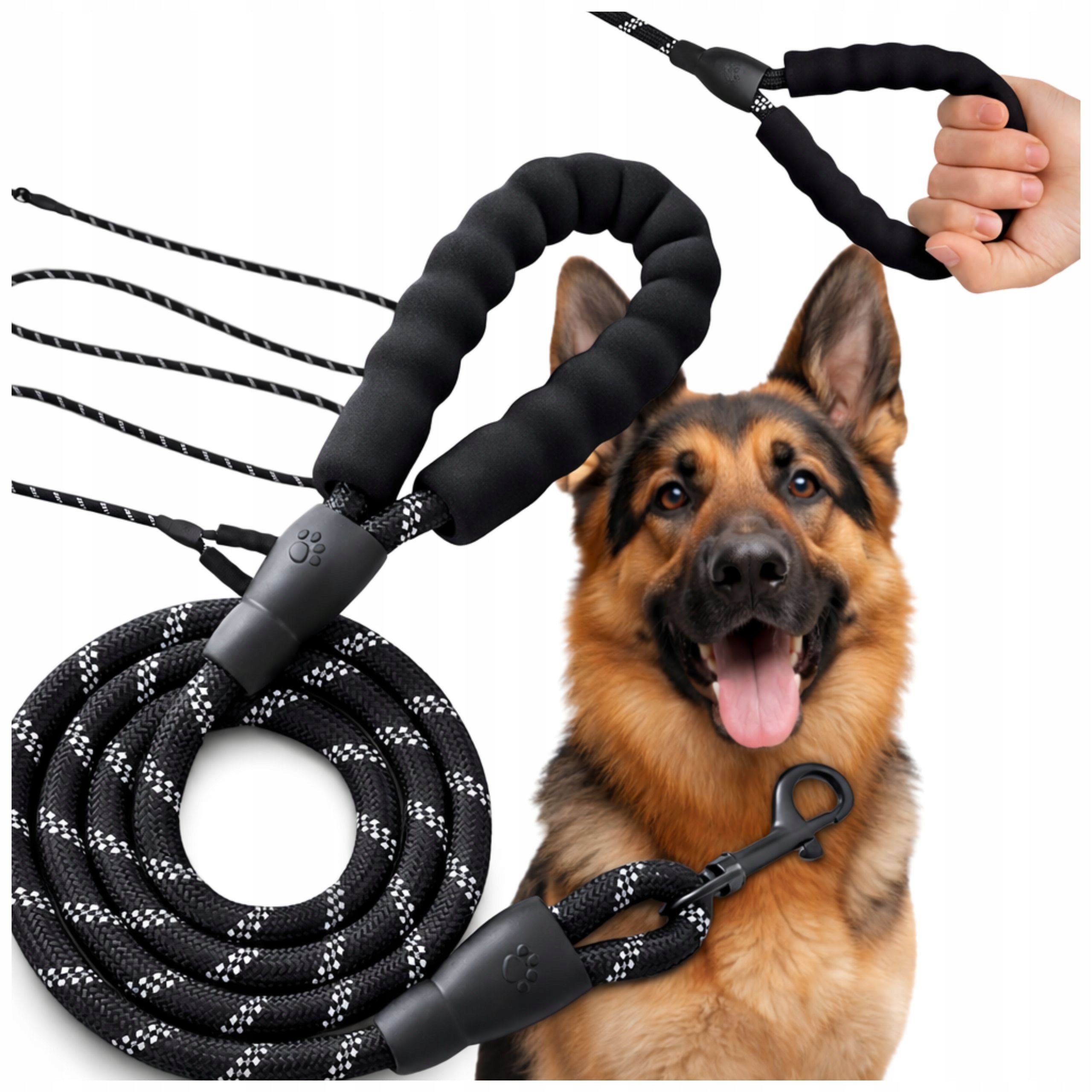 REFLECTIVE LEASH FOR DOG BLACK CARABINER 360 DEGREE FOAM HANDLE 20m