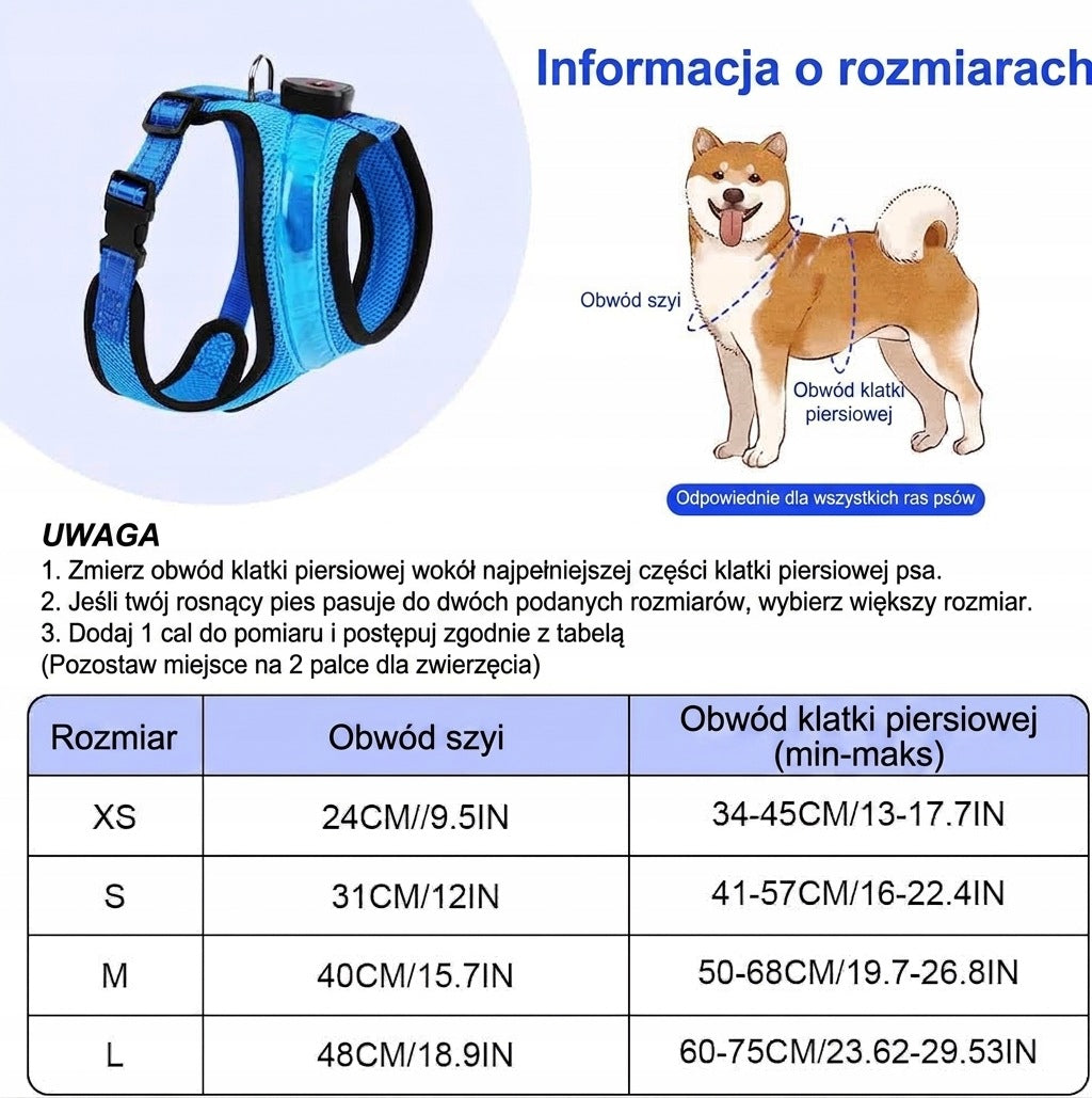 REFLECTIVE LED DOG HARNESS GLOWING LEASH 1,5M USB RECHARGEABLE BLUE L Manufacturer code b0dm83klhr