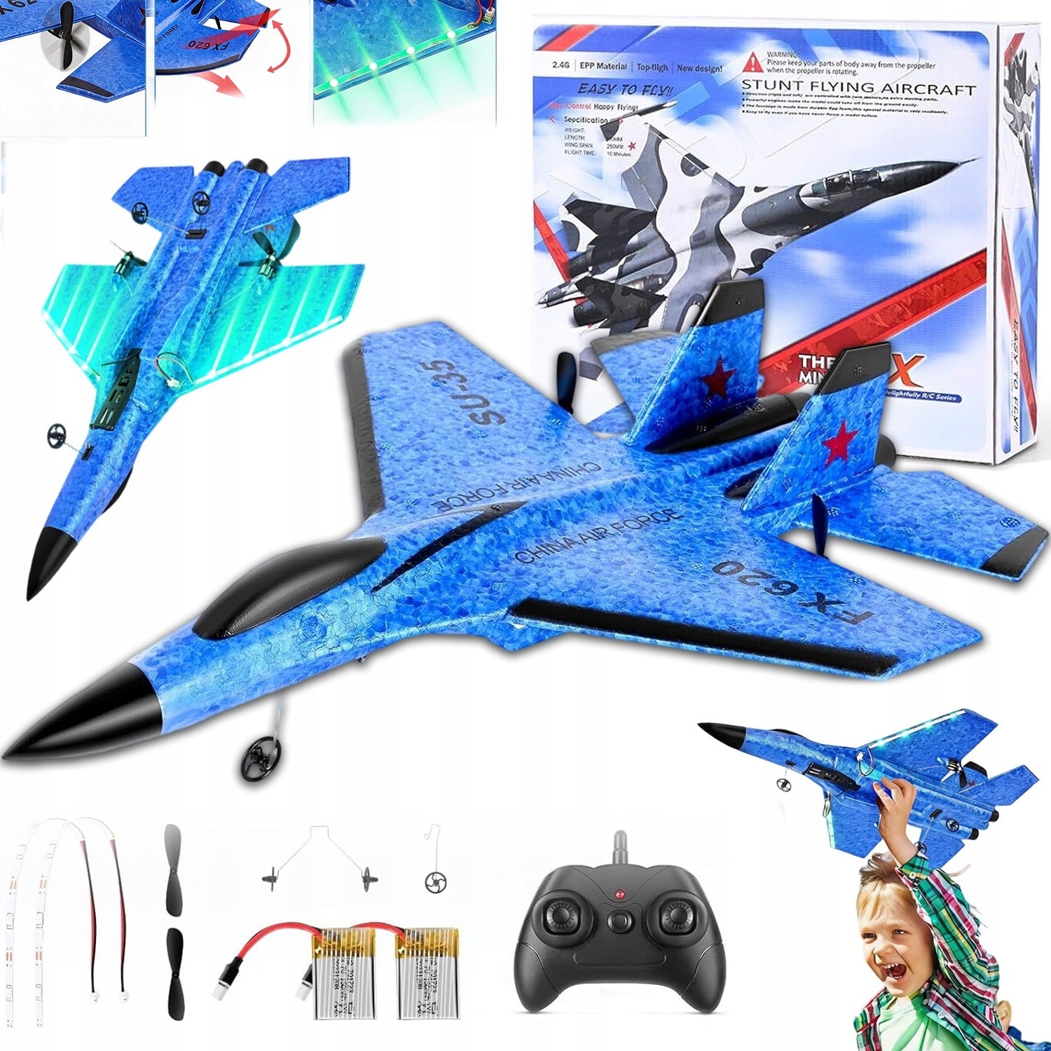 REMOTE CONTROLLED AIRPLANE GLIDER STYROFOAM TOY WITH LED BLUE