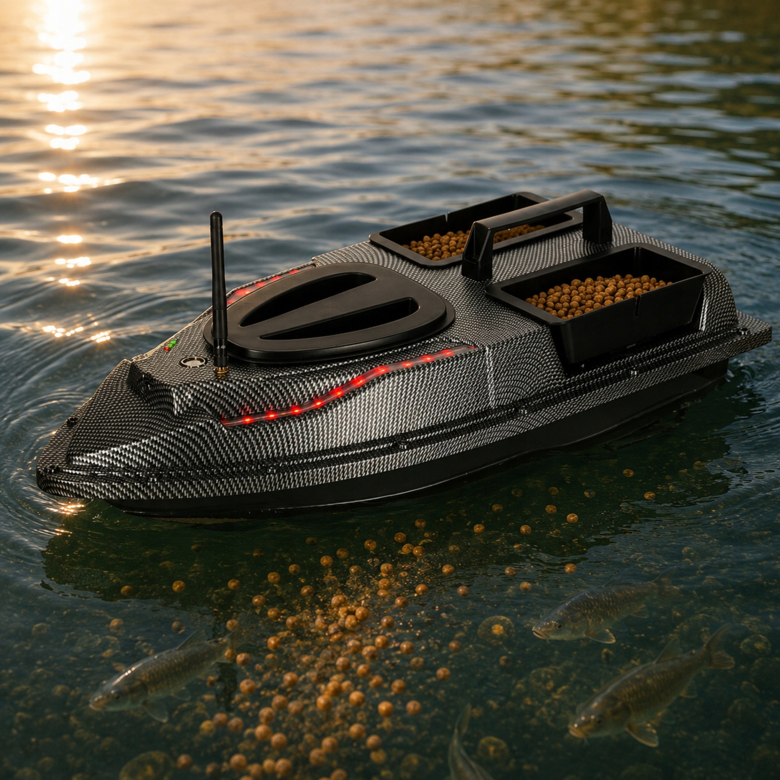 REMOTE CONTROLLED BAIT BOAT 2 FEEDERS BOAT GPS FLYTEC V900 5,4 KM/H Length 550 mm
