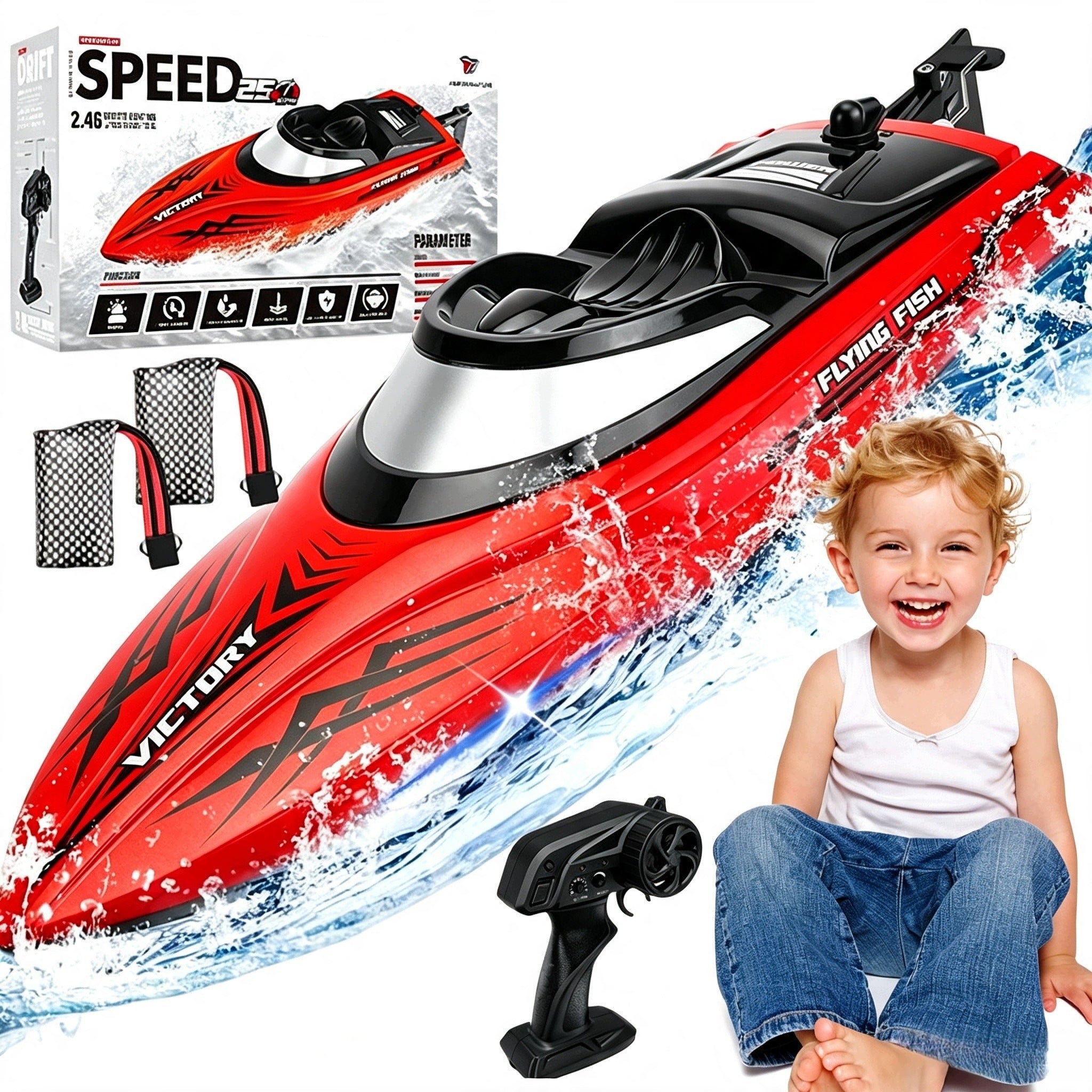 REMOTE CONTROLLED BOAT WITH LED FOR SWIMMING POOLS OF CHILDREN'S LAKES 25KM/H+PILOT