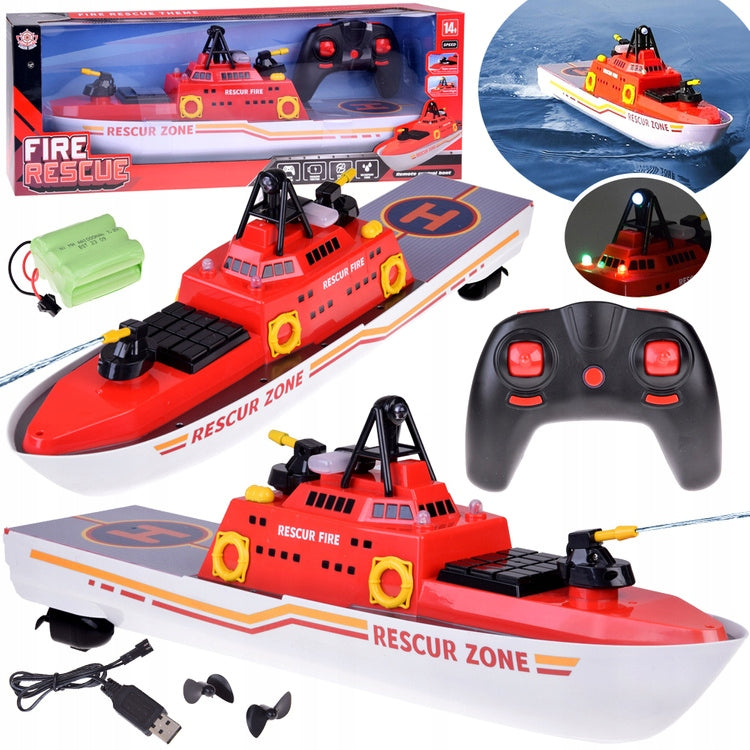 REMOTE CONTROLLED FIRE BOAT SWIMS GLOWS SHOOTS WATER