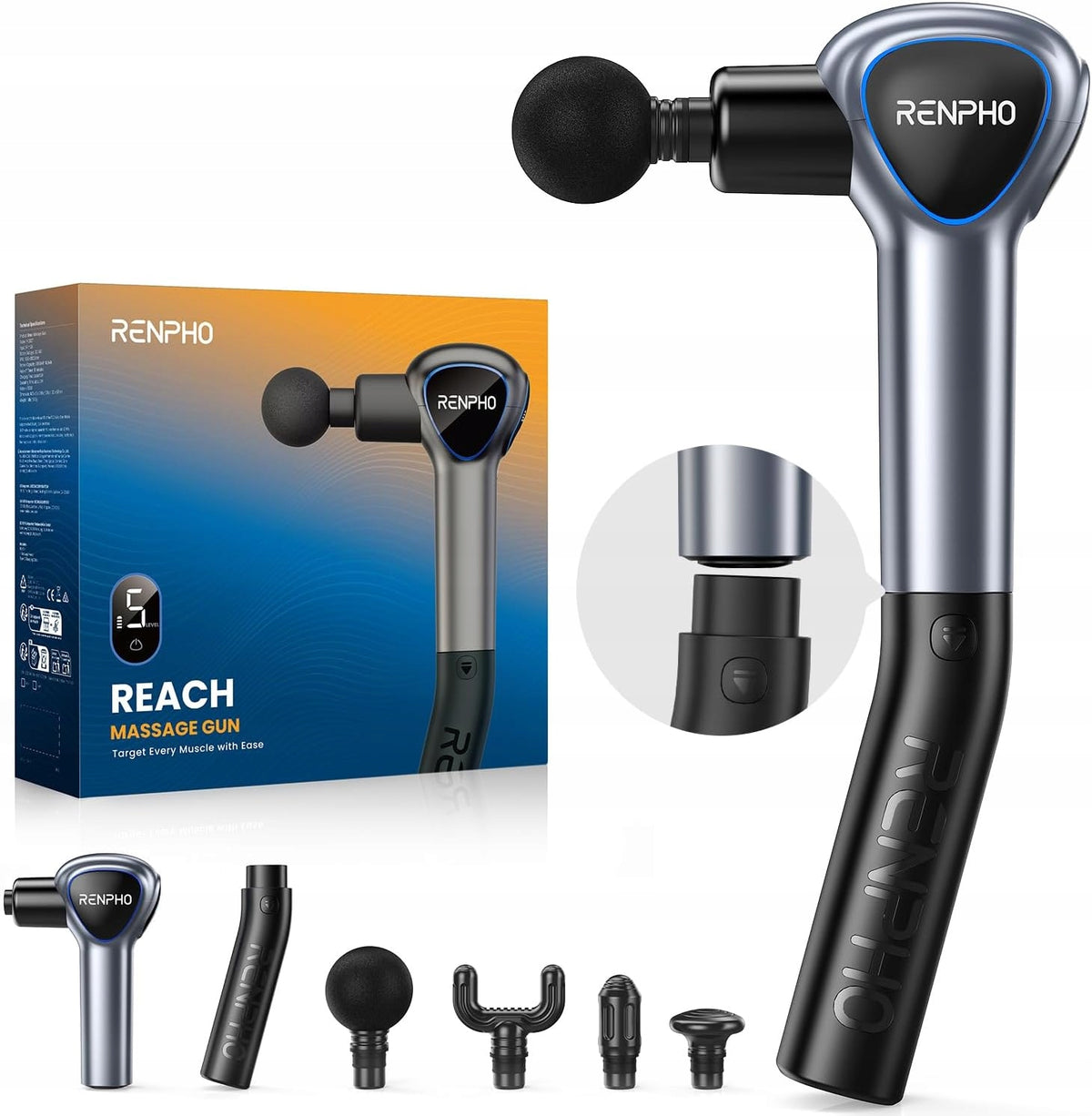 RENPHO R-C007 pistol massager 4 heads with detachable handle 5 speeds